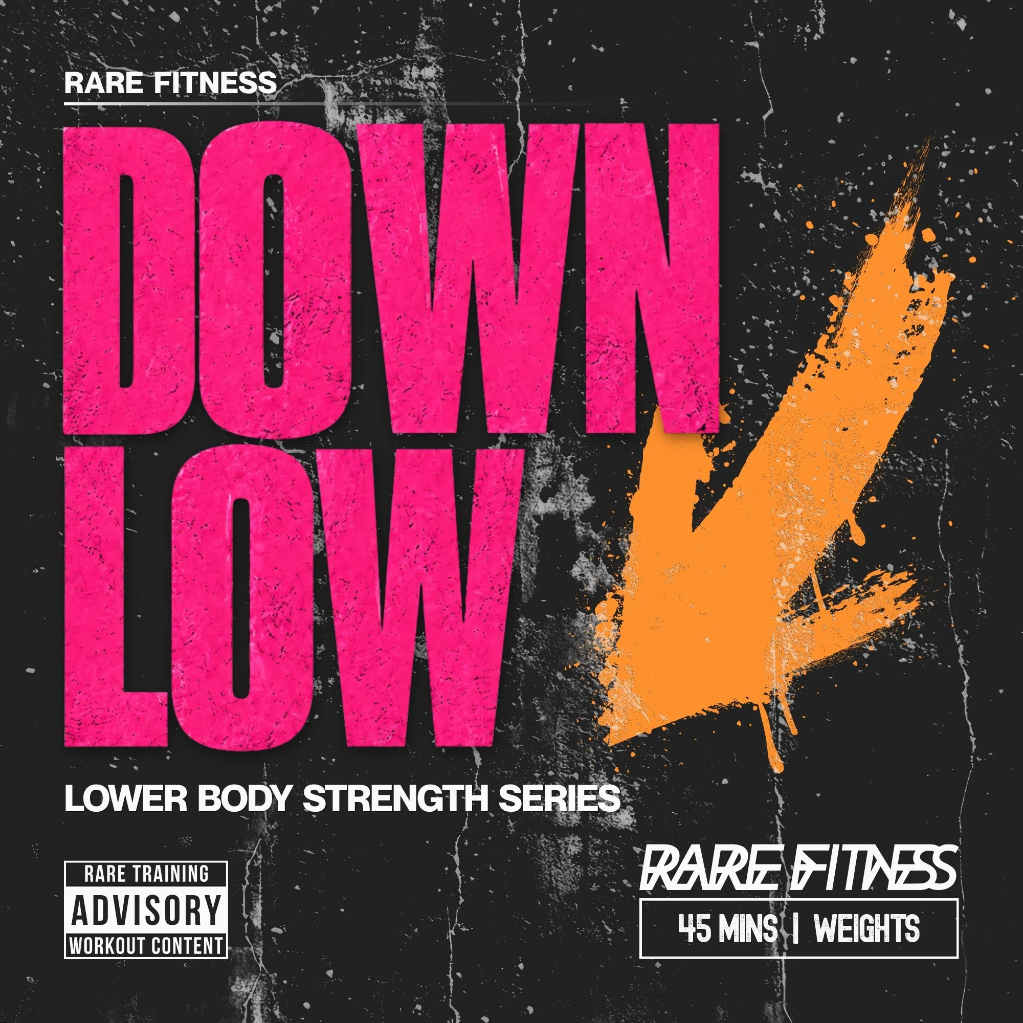 A graphic with a black, brushstroke background and blue edges, featuring a pink arrow pointing downward, with the words 'down LOW' in white cursive and bright green block letters.