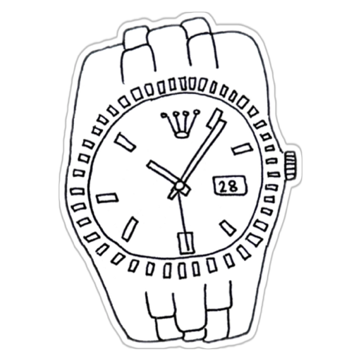Skizzierte Armbanduhr mit Zifferblatt, Datum und Zeigern, auf schwarzem Hintergrund.