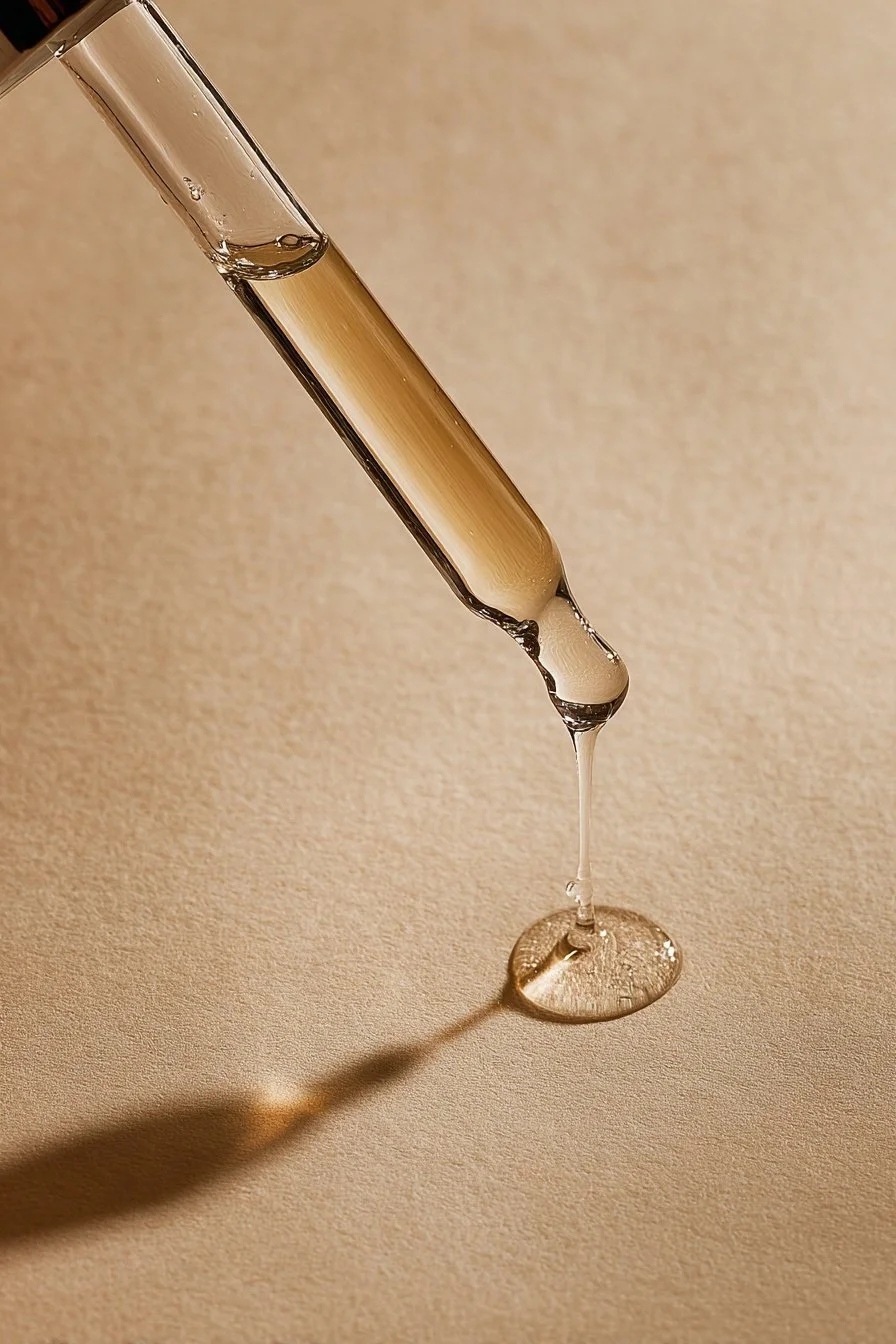 A dropper releasing a droplet of clear liquid onto a surface with a shadow.