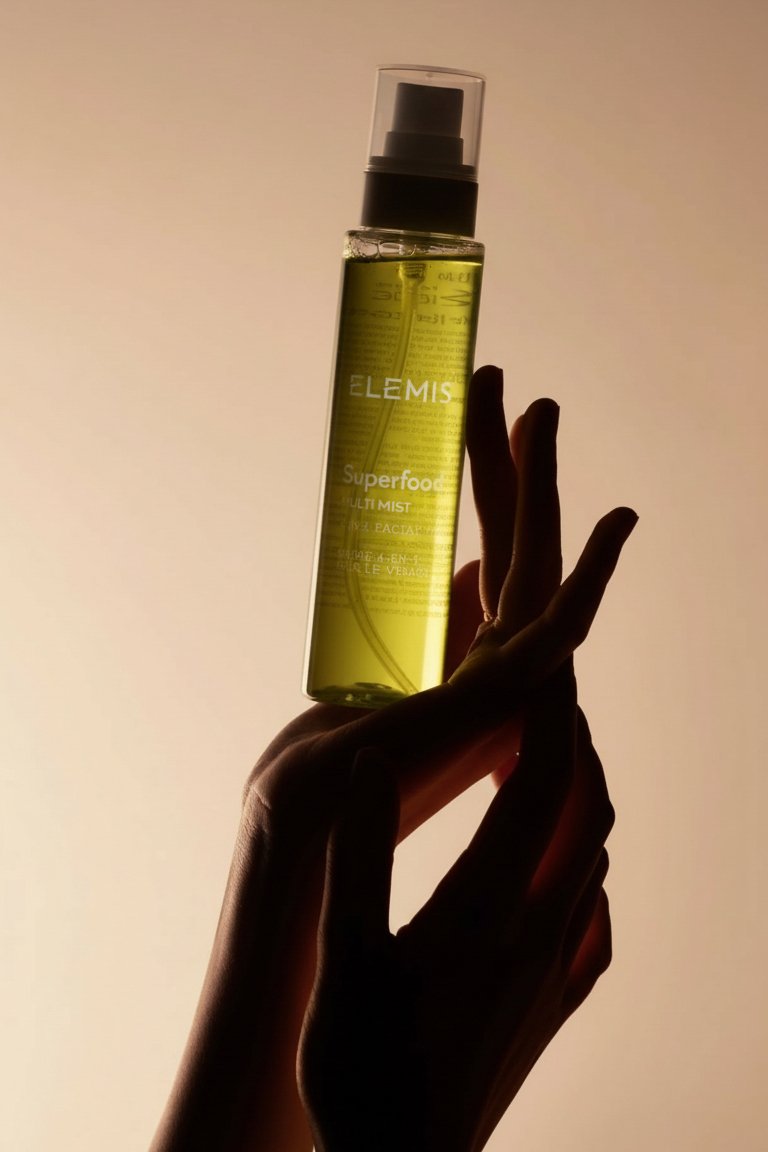 A person's hand holding a transparent spray bottle with yellow liquid, backlit against a neutral background.