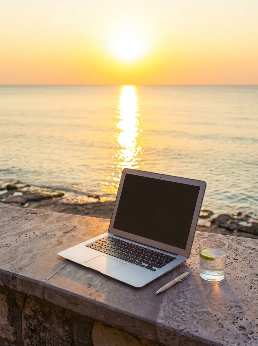 Working by the beach on a laptop