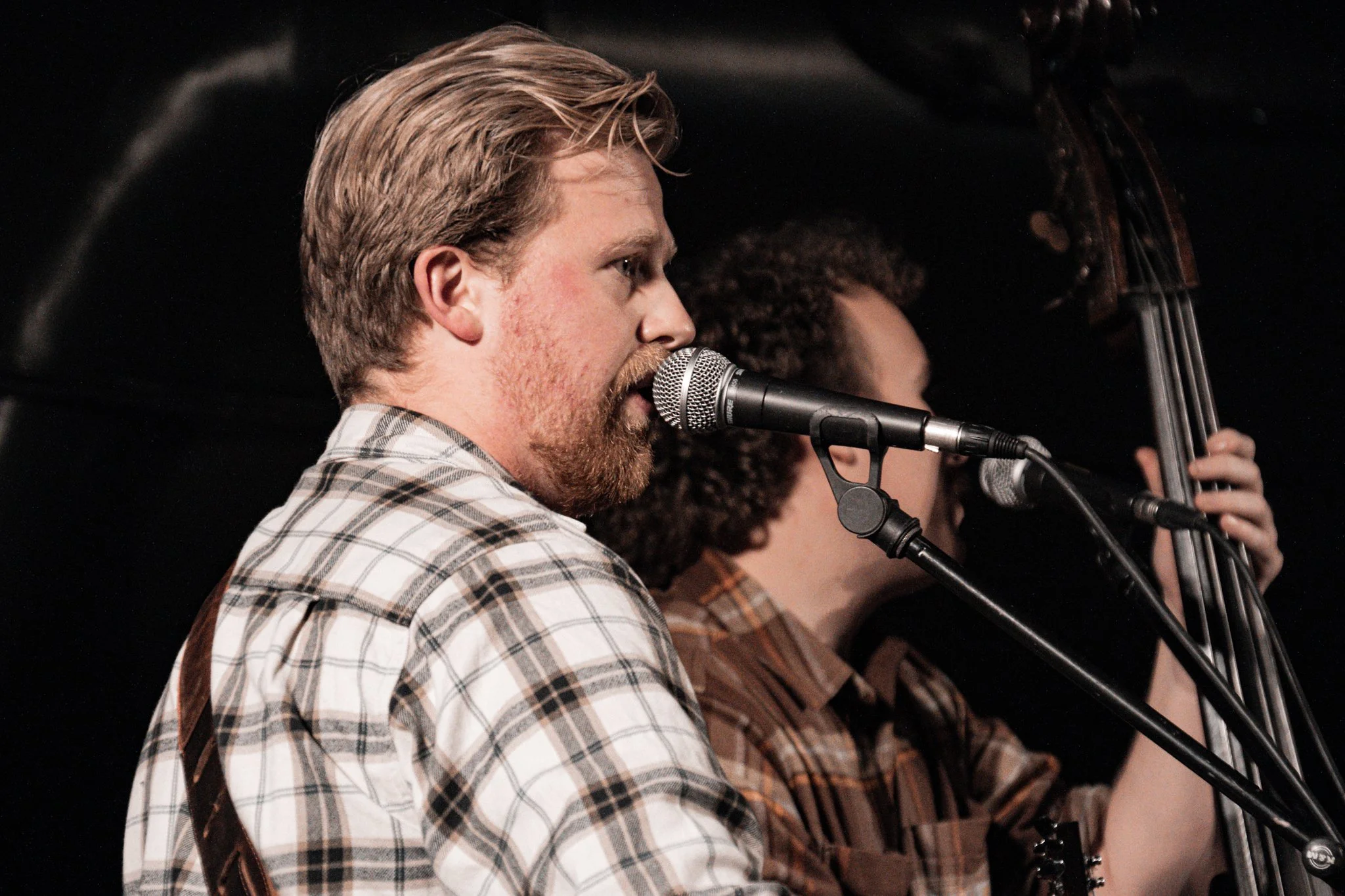Two musicians performing on stage, one singing into a microphone and the other playing a double bass, both wearing plaid shirts.