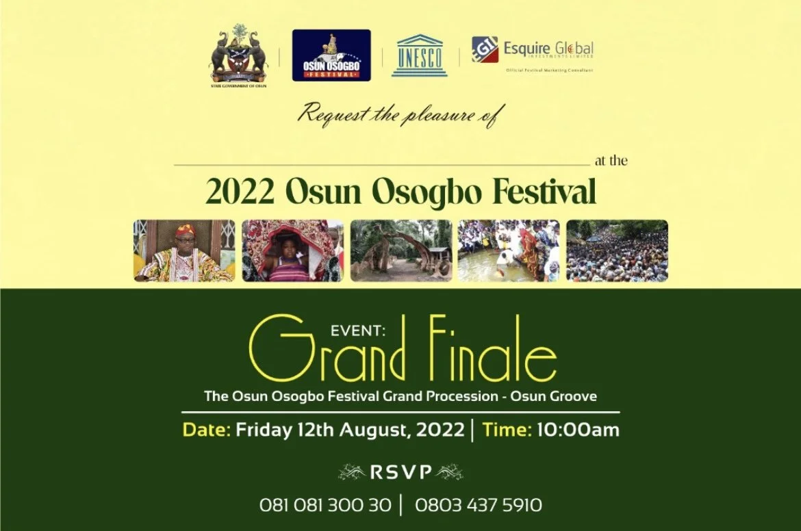 Invitation for the 2022 Osun Osogbo Festival Grand Finale with event details, images of festival activities, and logos of sponsors and organizers.