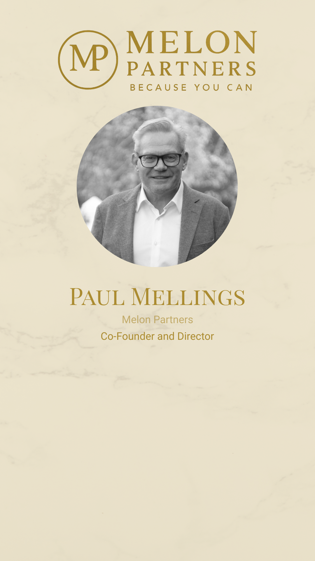 Business card design for Melon Partners featuring a black and white portrait of Paul Melling, Co-Founder and Director, against a cream-colored marble background, with gold text and logo.