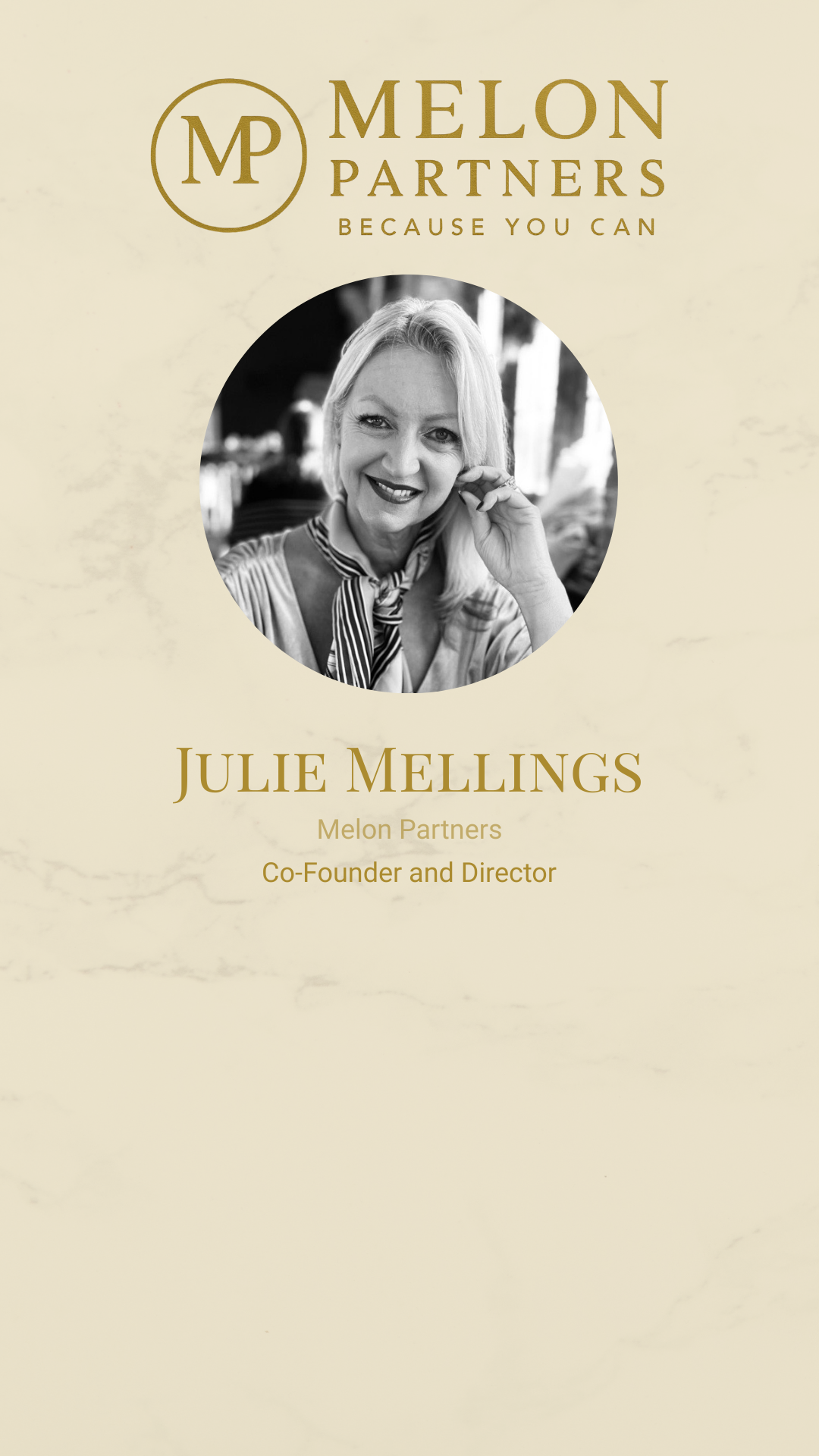 Business card for Julie Mellings, Co-Founder and Director at Melon Partners, featuring her photo and logo with the slogan 'Because You Can'.