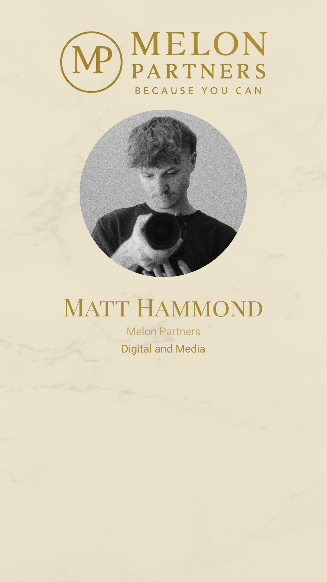 Business card for Matt Hammond from Melon Partners, specializing in Digital and Media, with a black and white photo of Matt holding a camera.