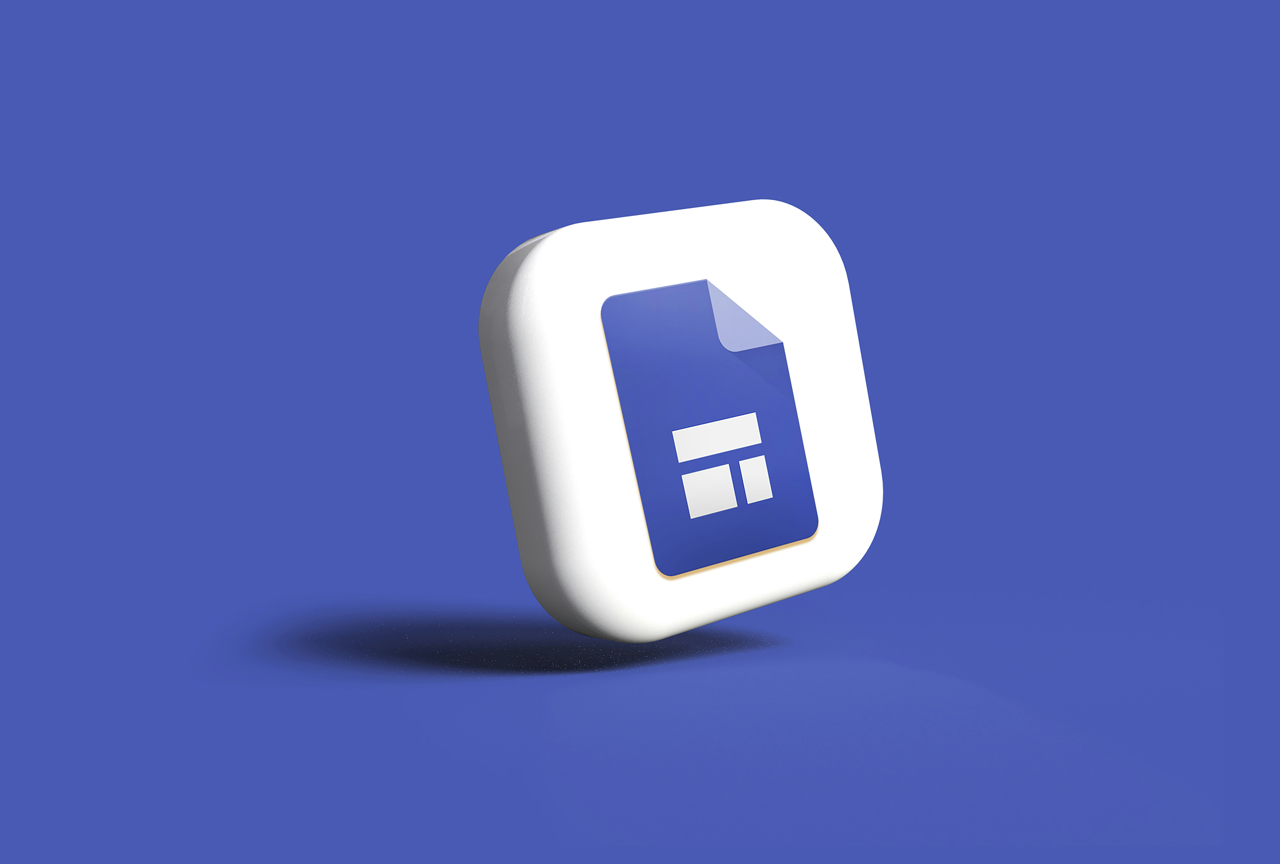 The image depicts a 3D-rendered icon on a solid blue background, which appears to be the logo for Google Sites. The icon is a white, rounded square with a shadow. Inside the white square is a blue document icon showing a simplified representation of 