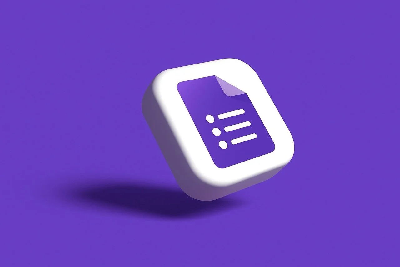 The image depicts a three-dimensional icon, which is often associated with Google Forms, floating against a solid purple background. The icon is a white, rounded square with a dark purple sheet of paper on top. The sheet of paper has three horizontal