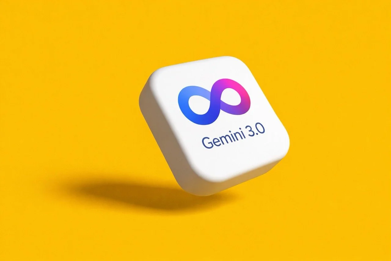The Gemini 3.0 logo, consisting of a colorful infinity symbol and the text 'Gemini 3.0,' displayed on a white icon floating over a yellow surface.
