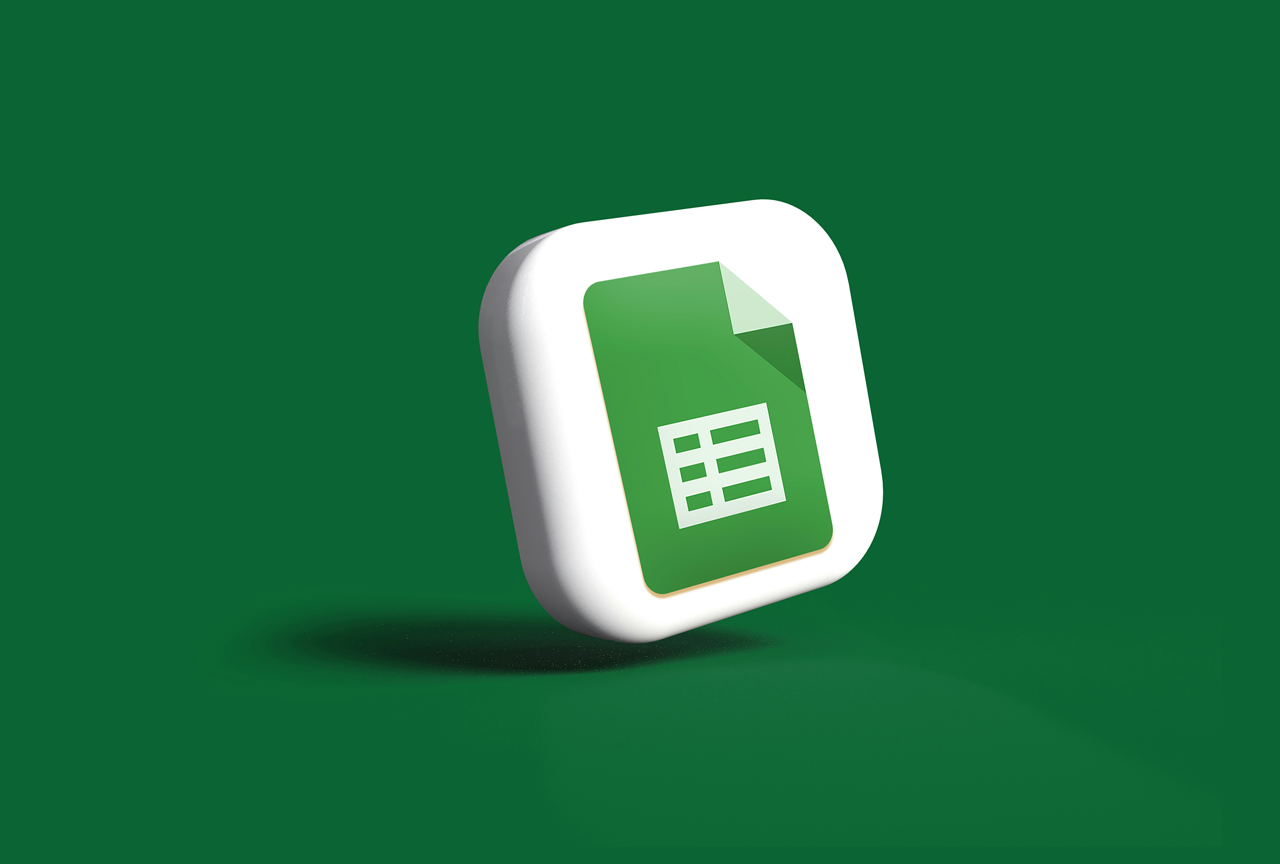 The image shows a 3D-rendered icon for Google Sheets. The icon is a white square with rounded corners that contains a smaller green square representing a document with a folded corner and a grid pattern inside it, which symbolizes a spreadsheet. The 