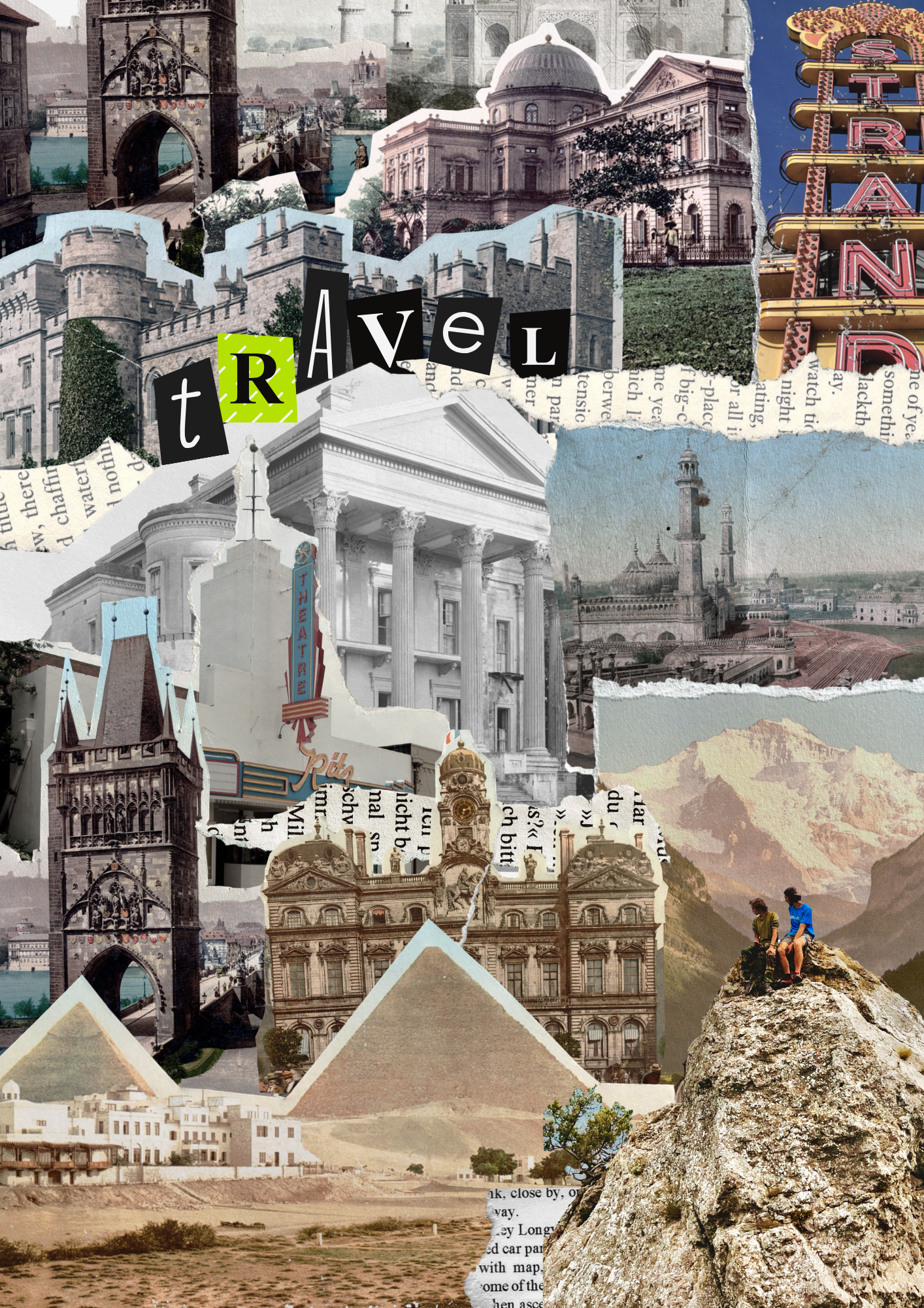 A collage of famous landmarks and elements of travel, including the Brooklyn Bridge, a historic European building, a neon sign, the Parthenon, Mount Fuji, and two people sitting on a rock overlooking mountains.