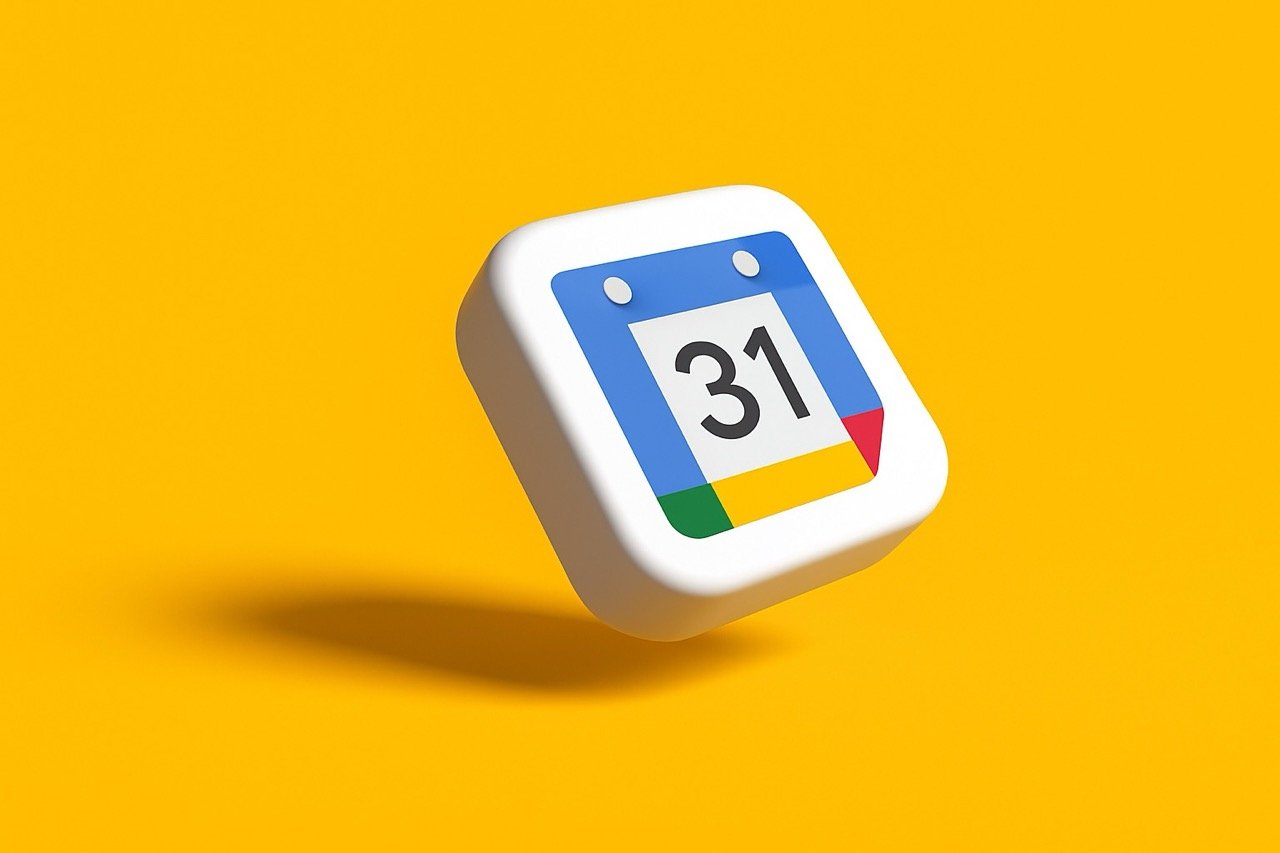 The image depicts a 3D-rendered icon for Google Calendar. It is a white, rounded square with a calendar page showing the number "31". The calendar page has a blue header and sections of white, yellow, red, and green at the bottom. The icon is floatin