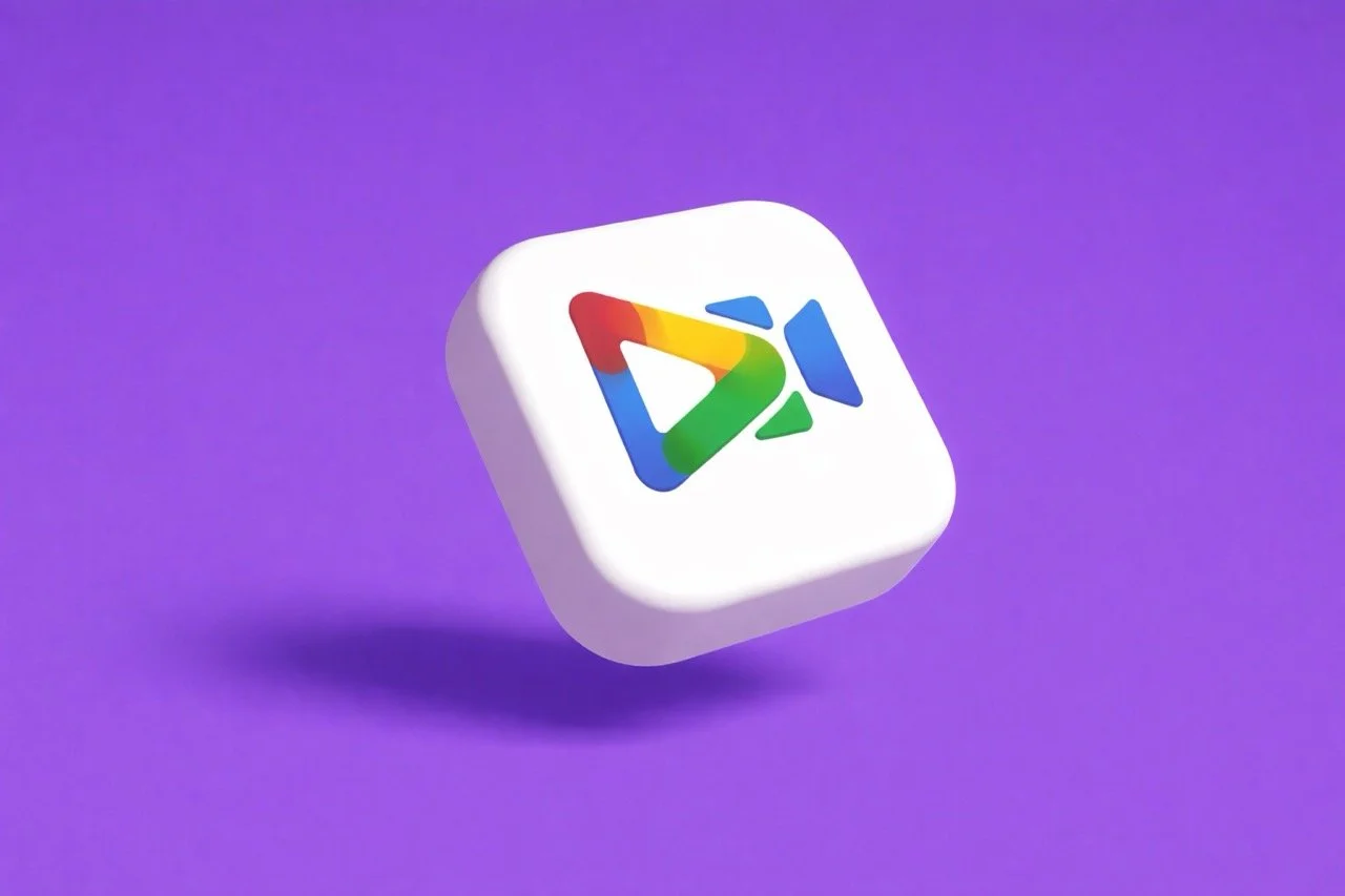 The image shows a 3D rendition of the Google Vids icon. The icon is set against a solid purple background. The icon itself is a white, rounded square with a colorful symbol in the center. The symbol appears to be a stylized play button combined with 