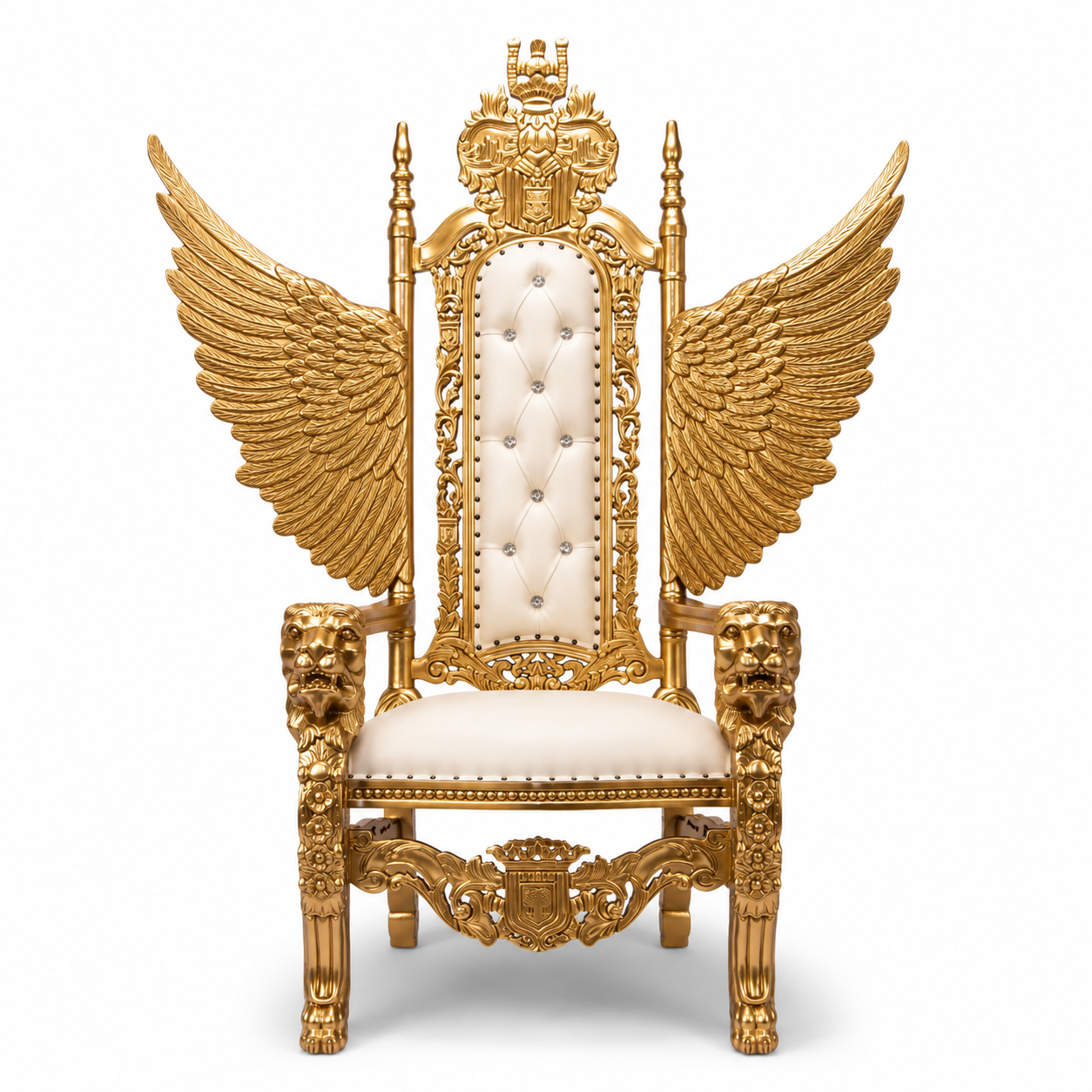 A luxurious throne with gold accents, wing-shaped backrests, and lion head armrests.