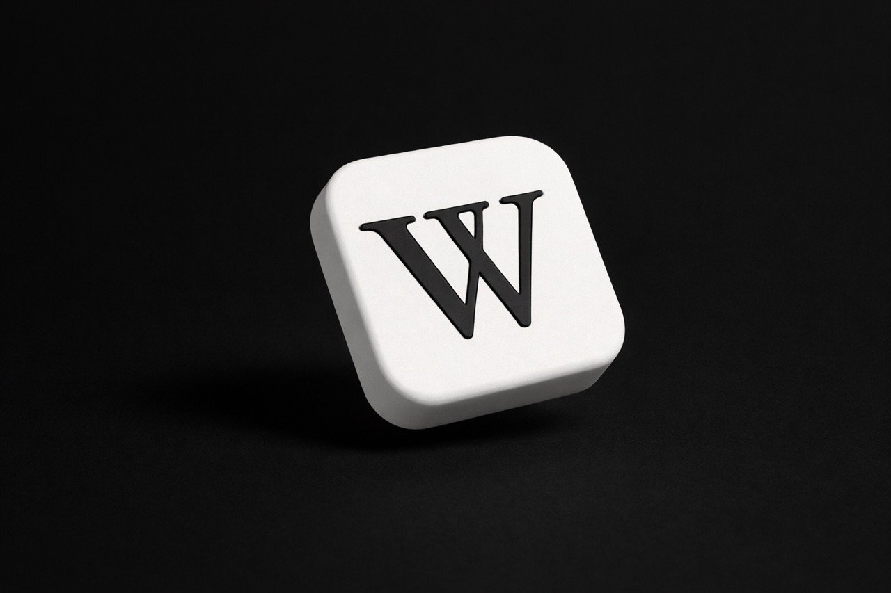 The image shows a white, rounded-square 3D icon with a bold, black, serif capital letter "W" on its face. The icon is angled and appears to be slightly raised or floating against a solid black background, creating a shadow beneath it.