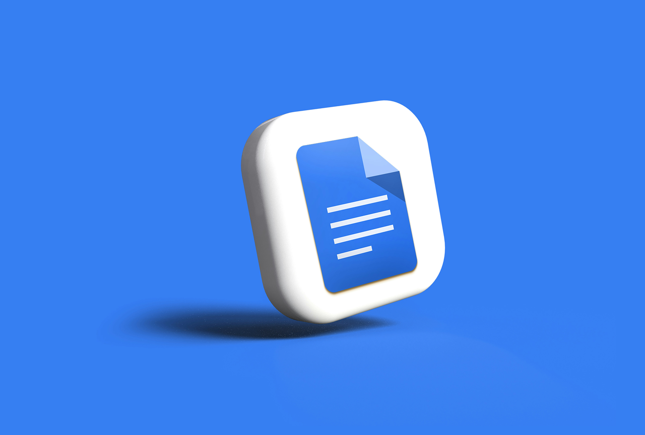 The image depicts a 3D-rendered icon for a document file, similar to the Google Docs icon. The icon features a blue document with a folded corner and four white horizontal lines representing text, floating slightly above a blue background. The docume