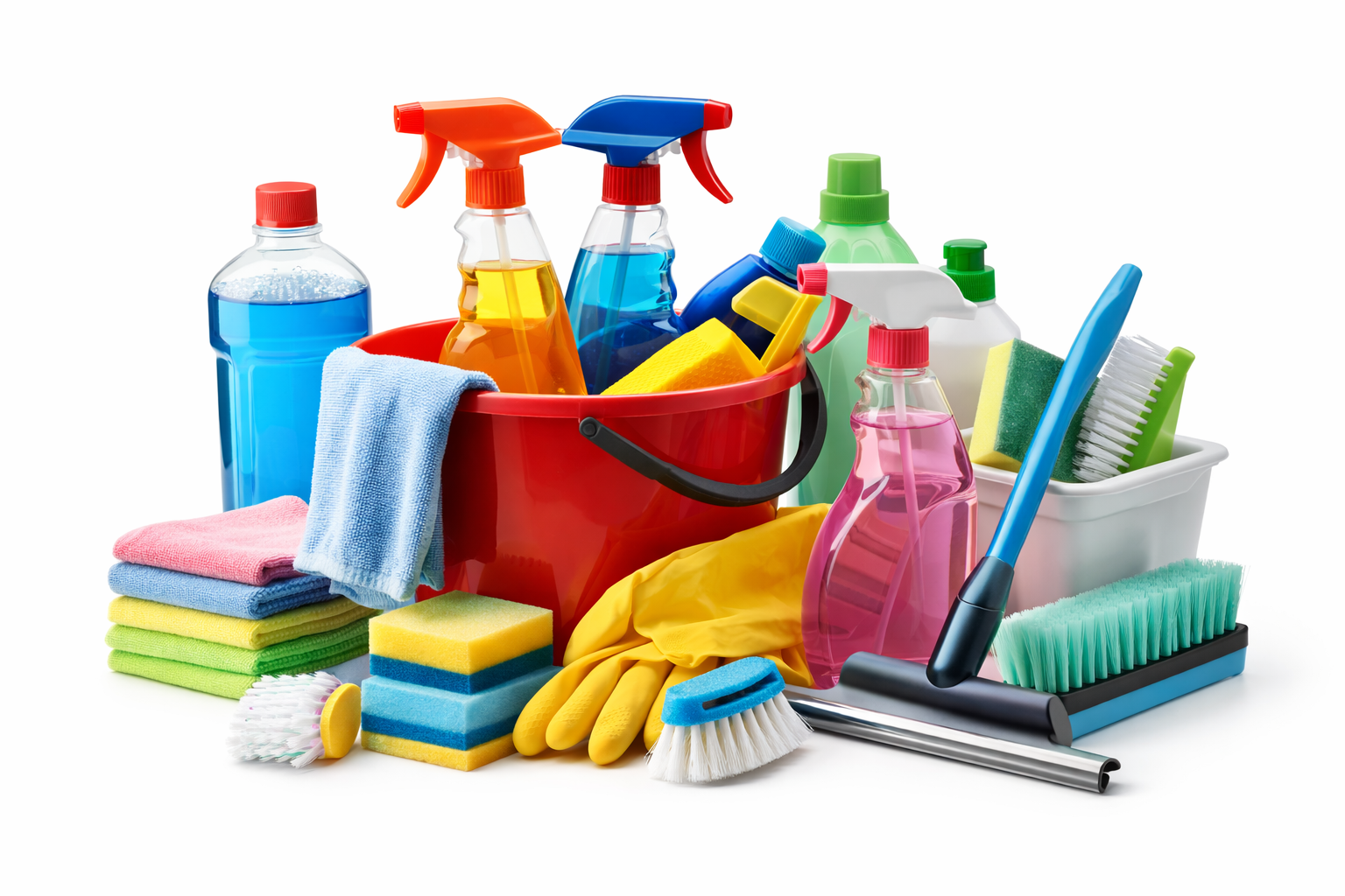 Assorted cleaning supplies including spray bottles, sponges, scrub brushes, cleaning cloths, rubber gloves, and a bucket of cleaning products.