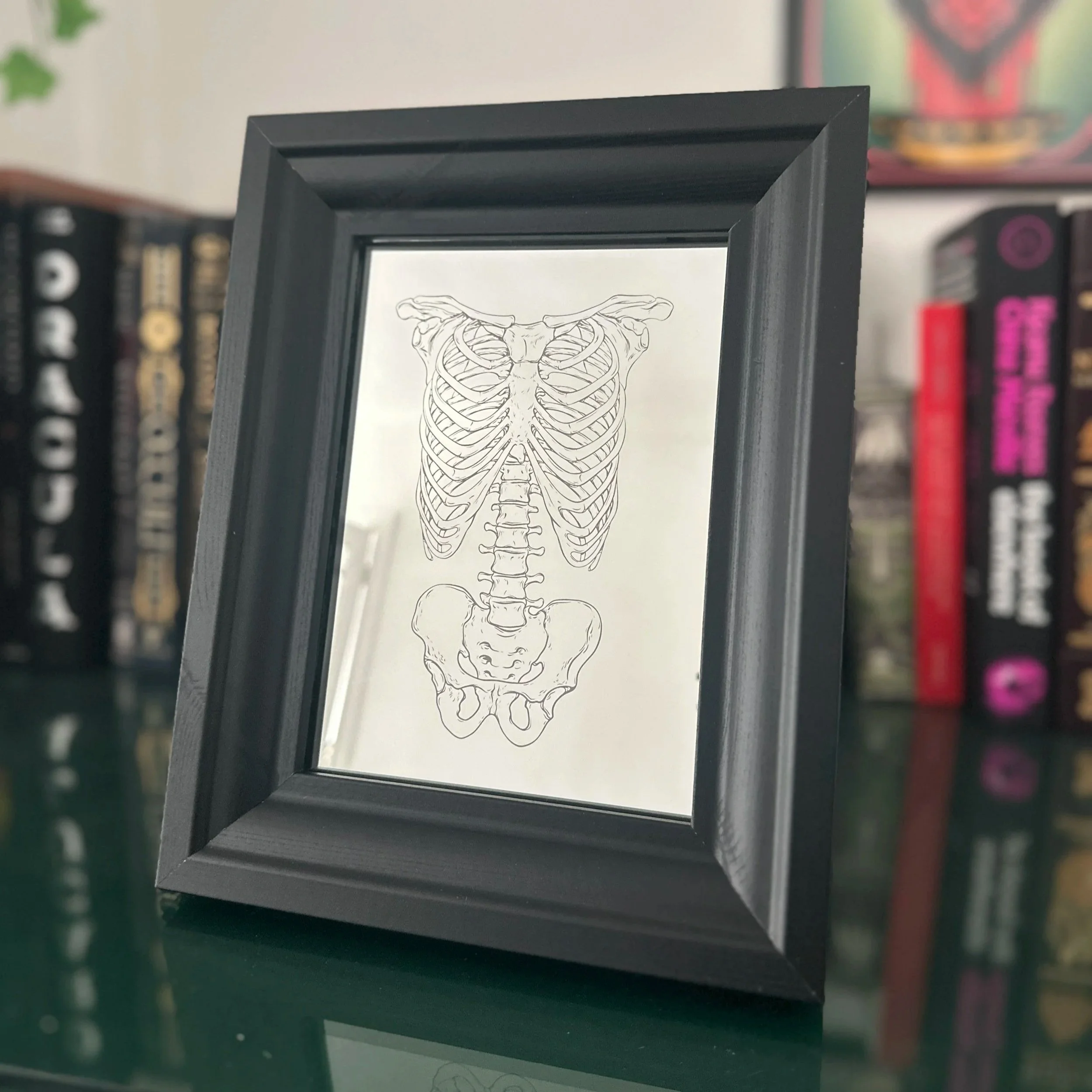 Black Framed Mirror with Anatomical Ribcage & Torso Etching