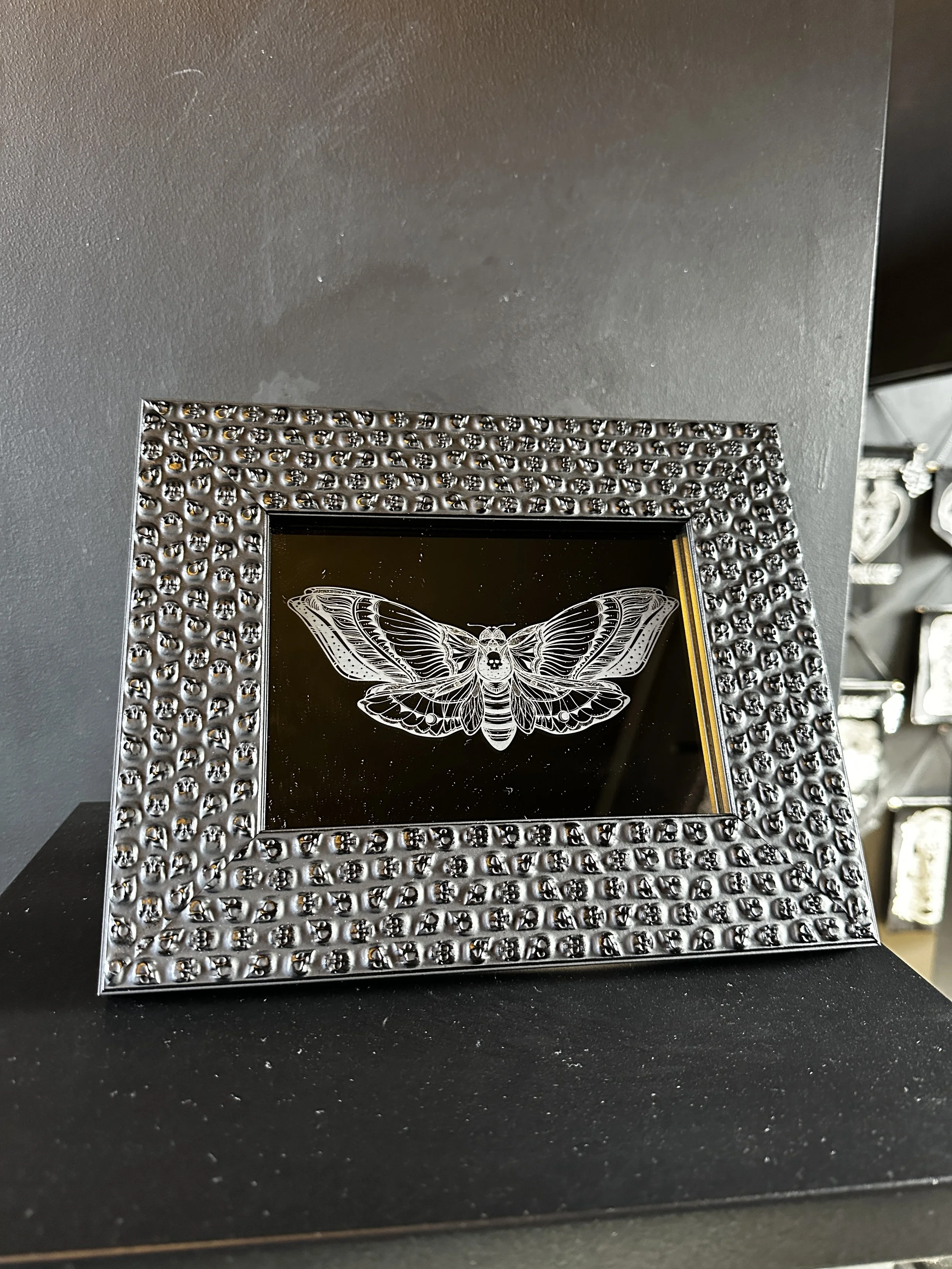 Skull Frame Mirror with a Death Moth Etching
