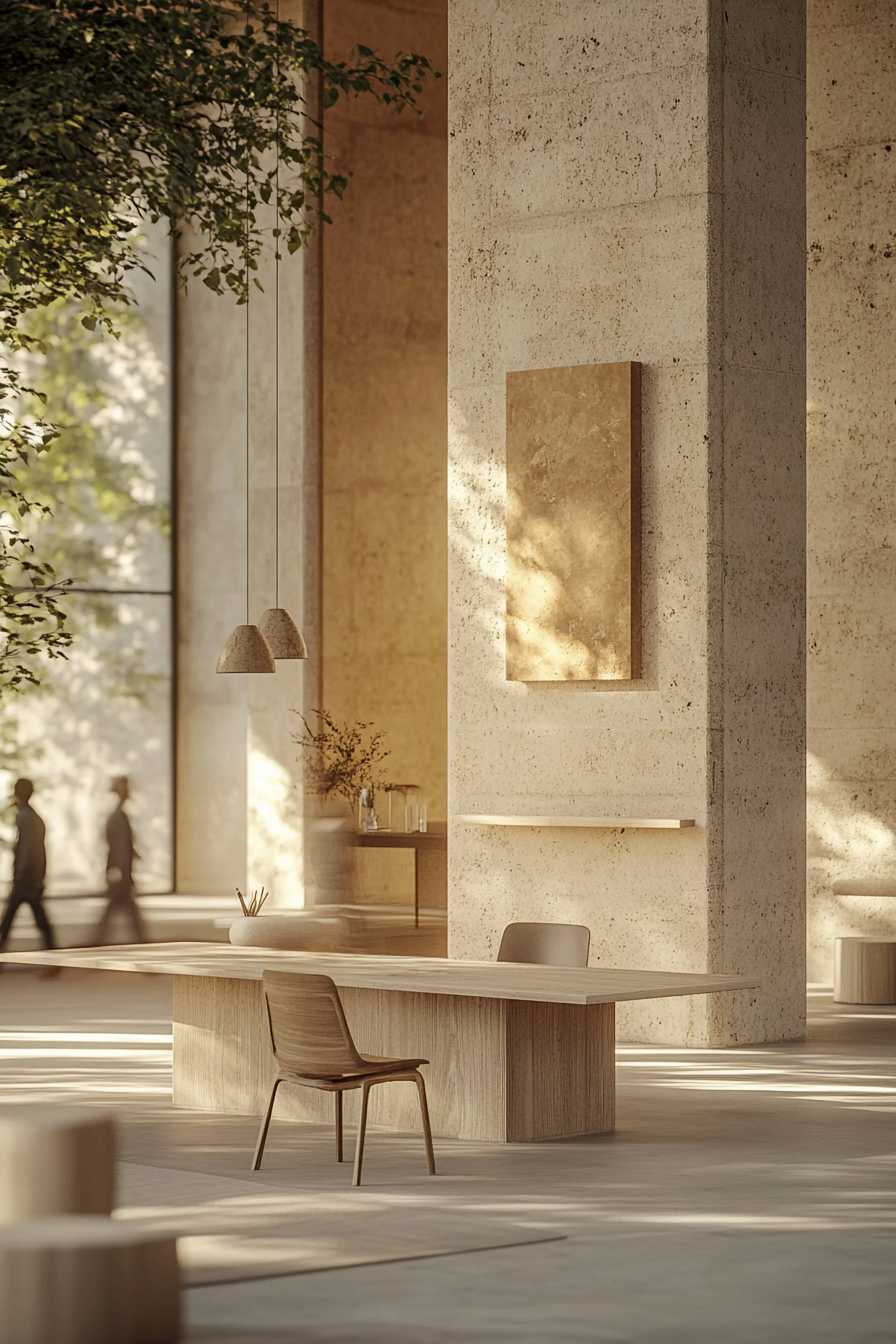 Modern interior with wooden furniture, large concrete columns, and abstract artwork, lit by natural light from large windows.