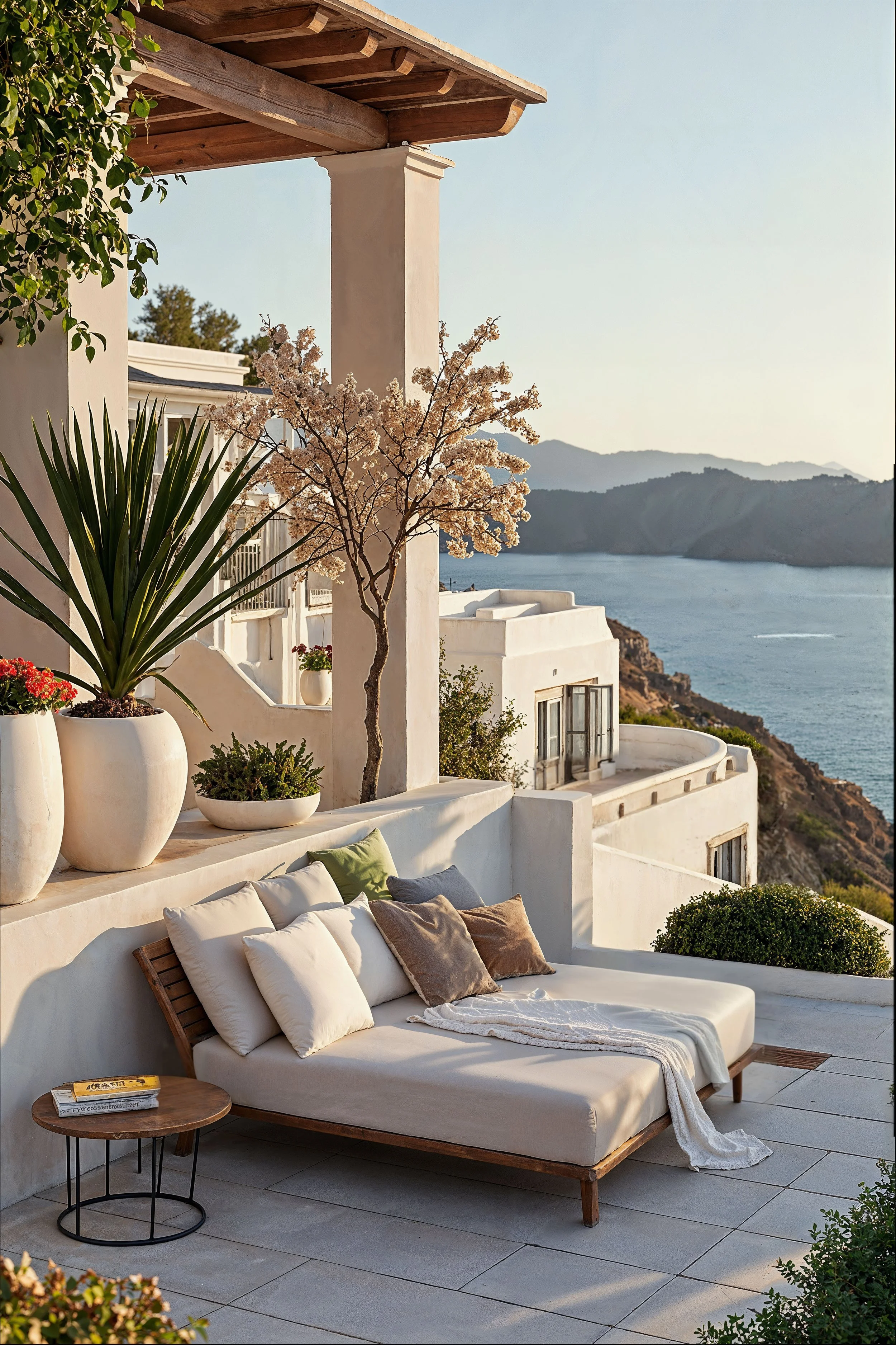 A cozy outdoor terrace with a view of the ocean. There is a wooden lounge chair with multiple pillows and a blanket, a small round table with books, potted plants, and a flowering tree. The scene is set in a sunny, Mediterranean-style setting with white buildings and a mountain in the background.