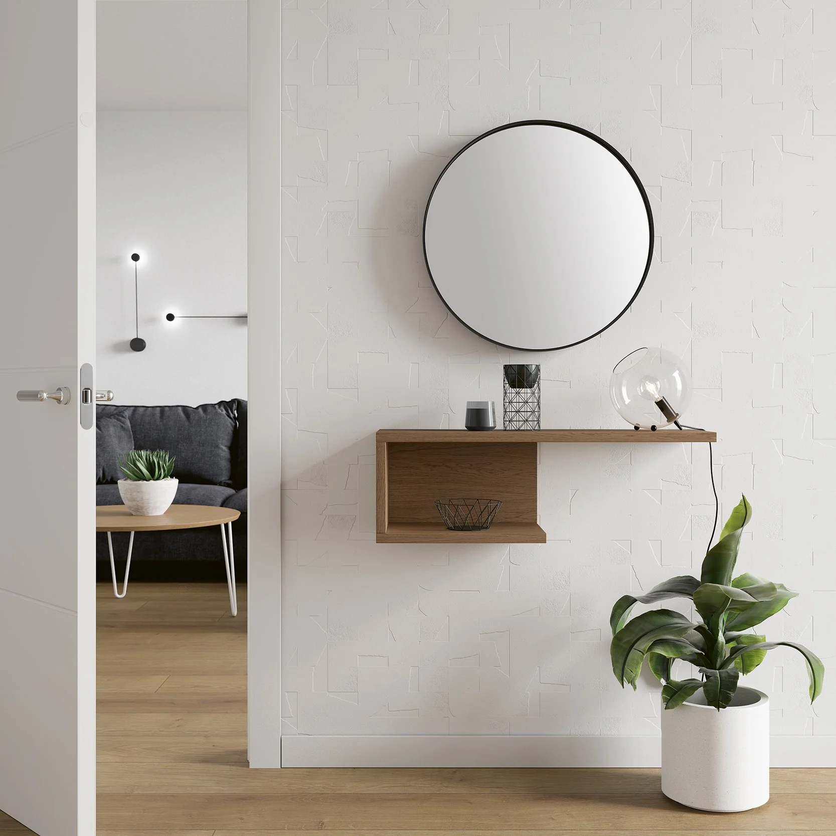 Elegante Eichenholz-Konsole mit Rundspiegel