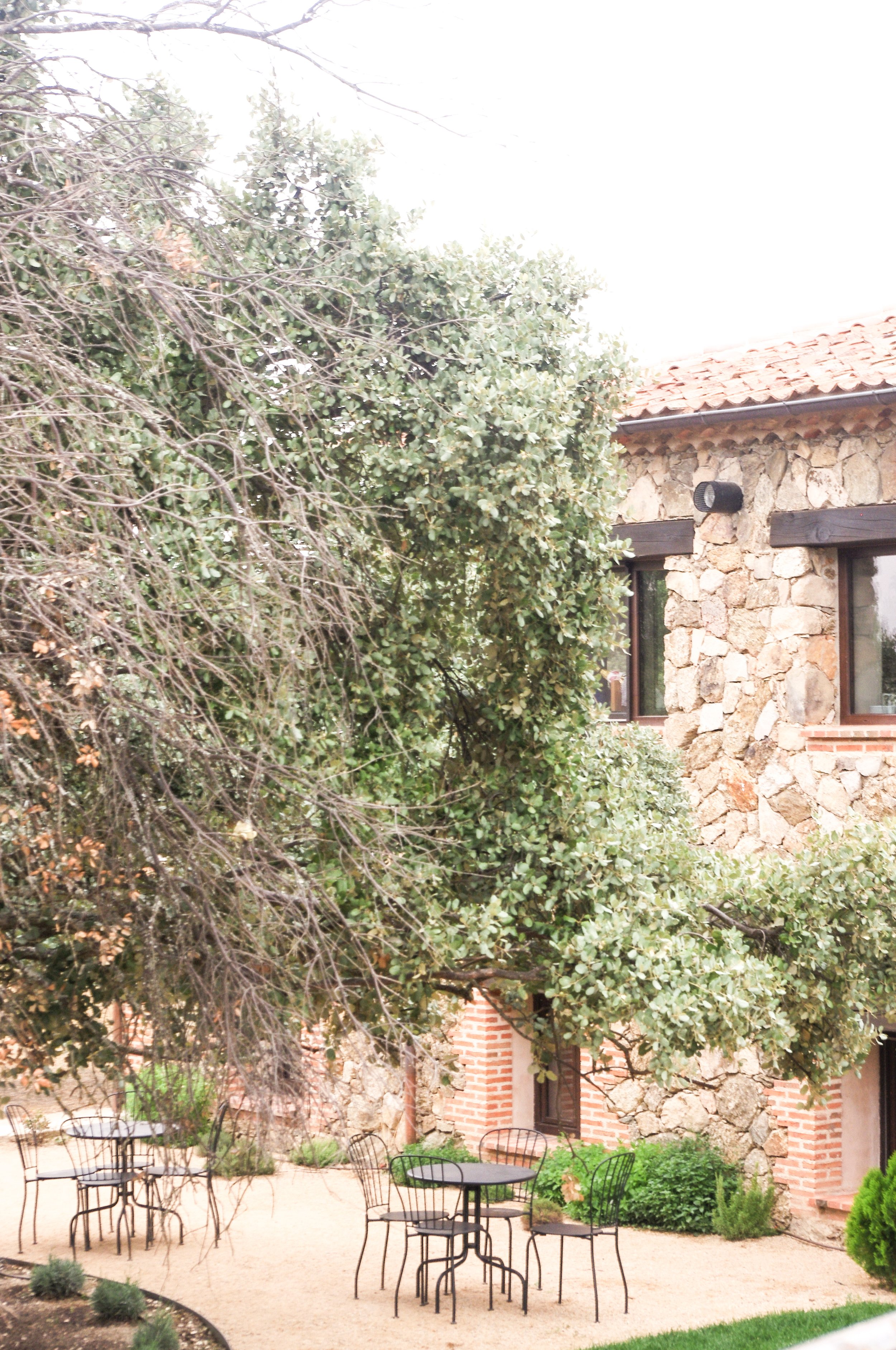 Imagen de un patio con mesas y sillas de hierro junto a un edificio de piedra con ventanas de madera y un árbol grande que cubre parcialmente el área.