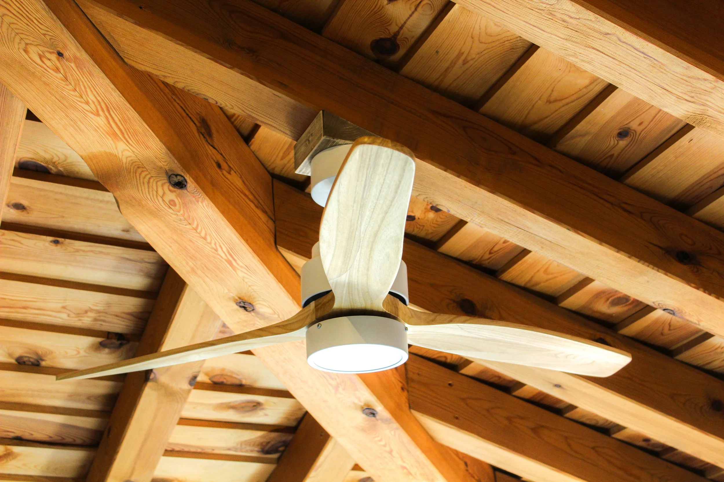 Ventilador de techo de madera en un techo de madera con vigas expuestas.