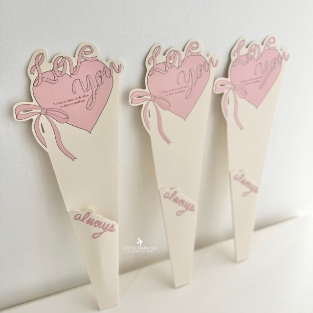 Three decorative fans with pink hearts and the words 'Love You', pink bows, and the word 'always' written on each fan.