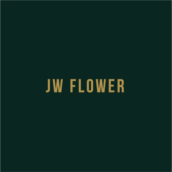 Dark green background with gold text that reads "JW FLOWER".