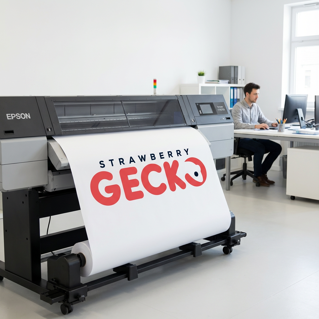Large Epson printer printing a sign that reads 'Strawberry Gecko' with a small strawberry logo, in a modern office with a man working at a desk.