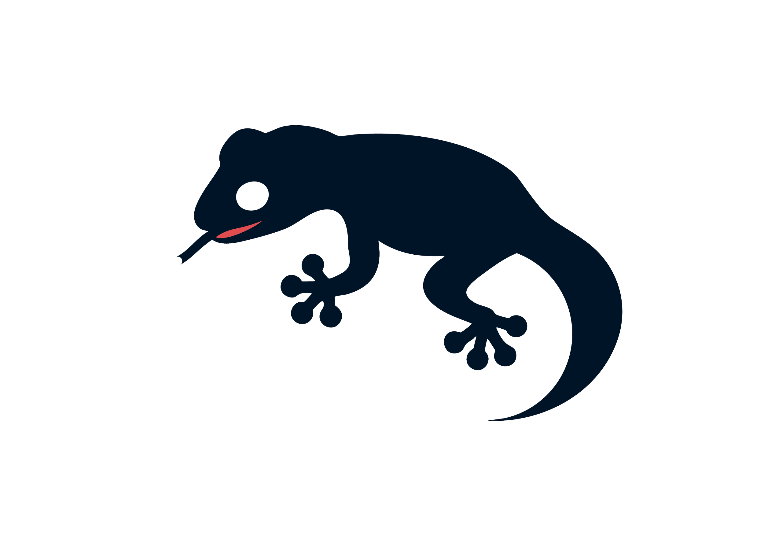 Dark blue cartoon lizard holding a bug with a long tongue, white eyes, and a curved tail.