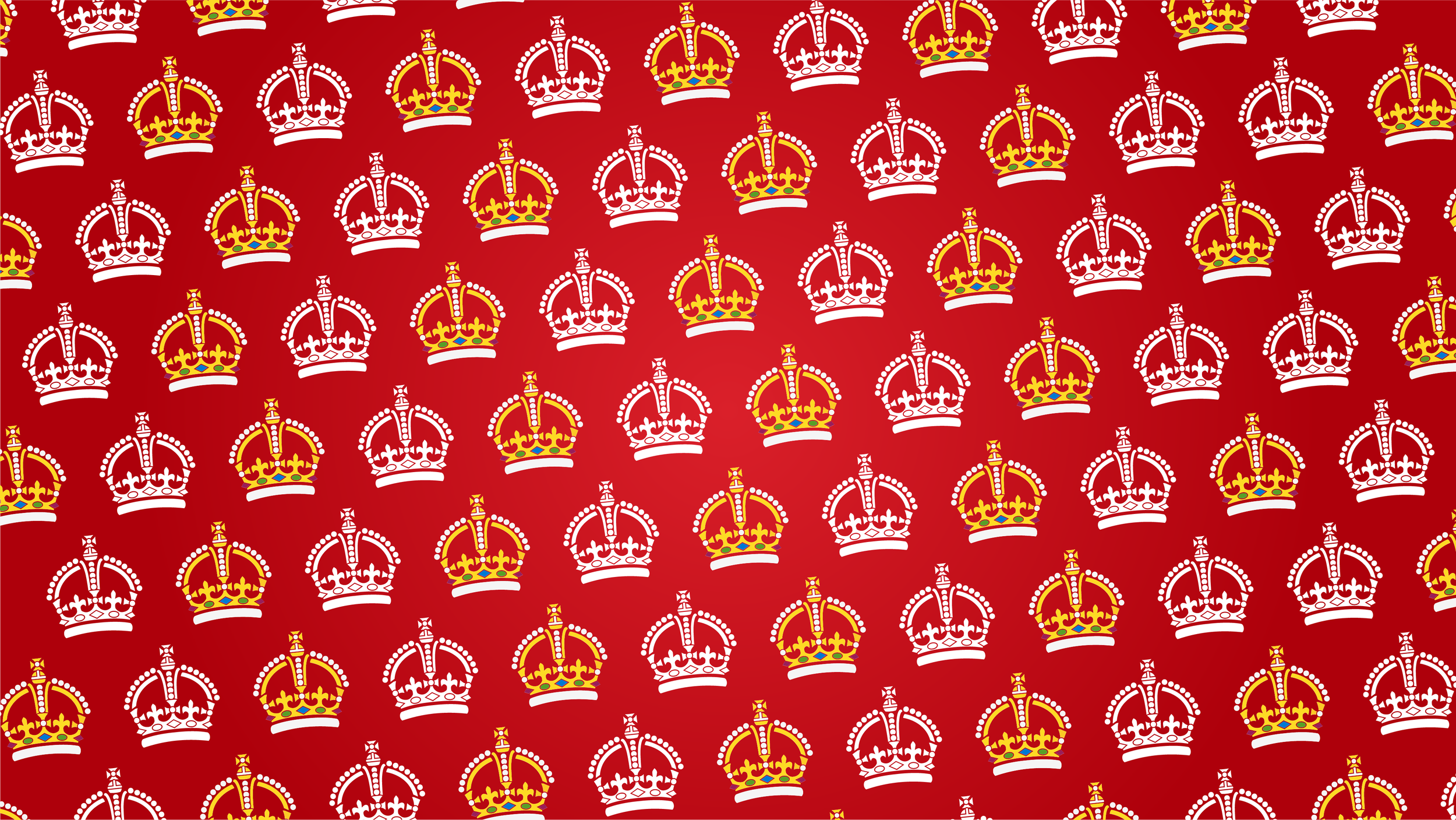Pattern of yellow and white crowns on a red background.