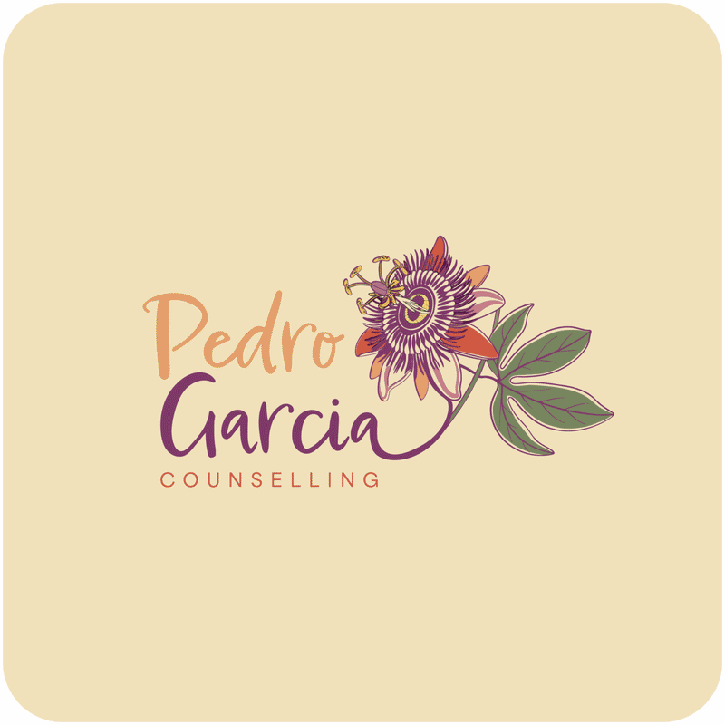 Logo for Pedro Garcia Counseling featuring a stylized purple and orange passionflower with green leaves and the text 'Pedro Garcia' in script font and 'COUNSELLING' underneath.