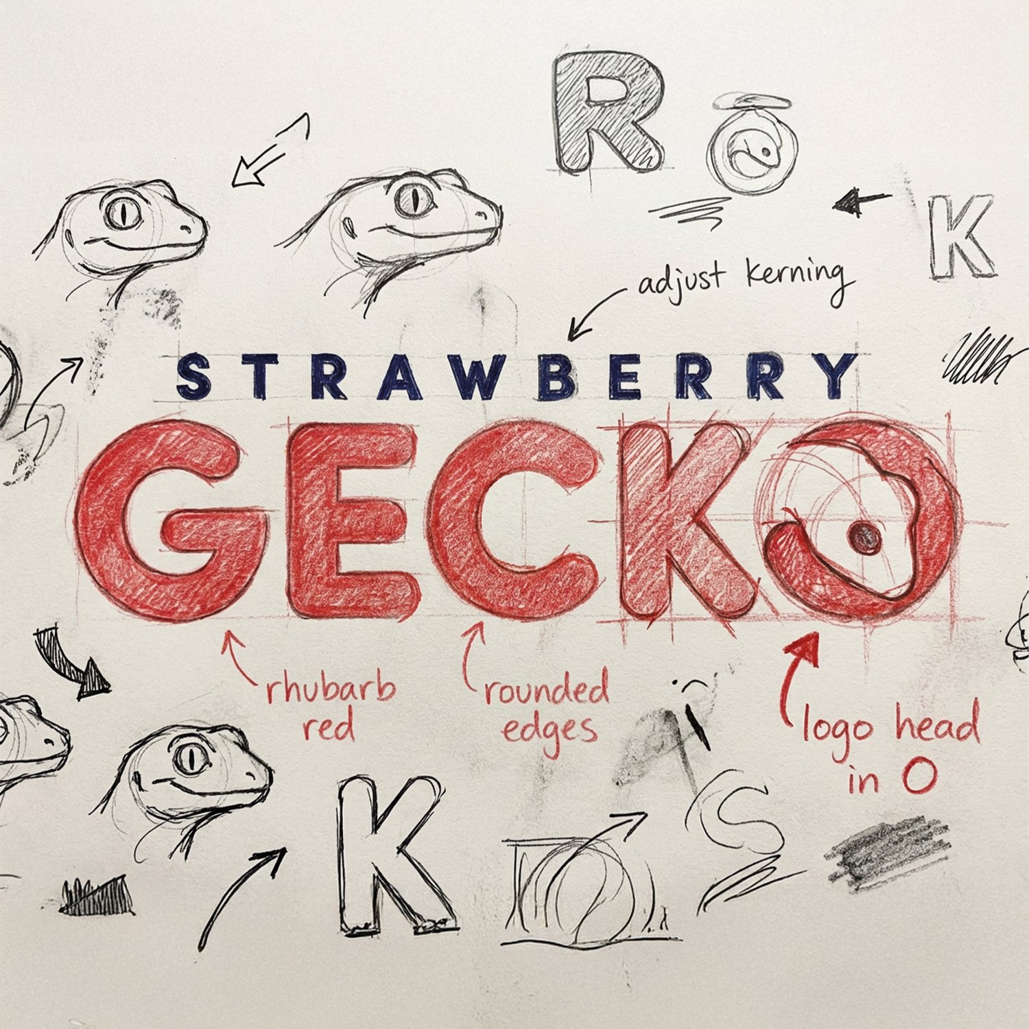 Design sketches for 'Strawberry Gekko' logo, showing different letter styles, color notes, and gecko illustrations with annotations.