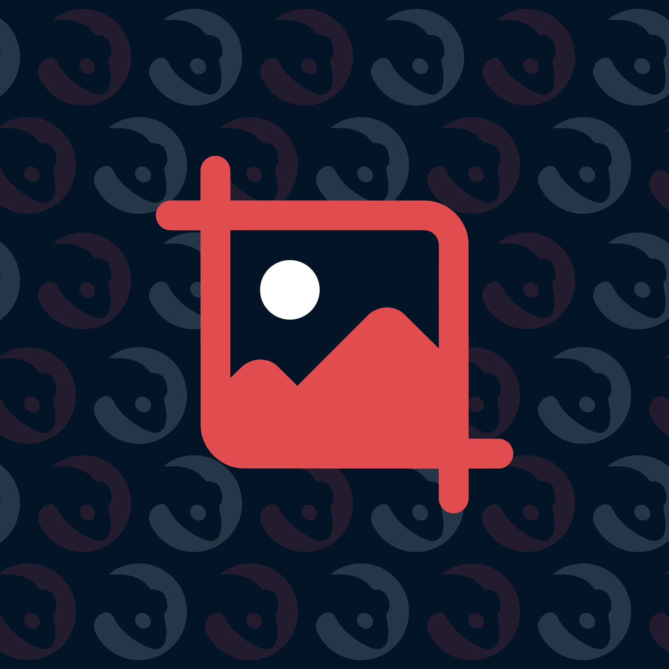 Icon of a landscape photo with a mountain, a sun, and a mountain in the background on a dark patterned background.