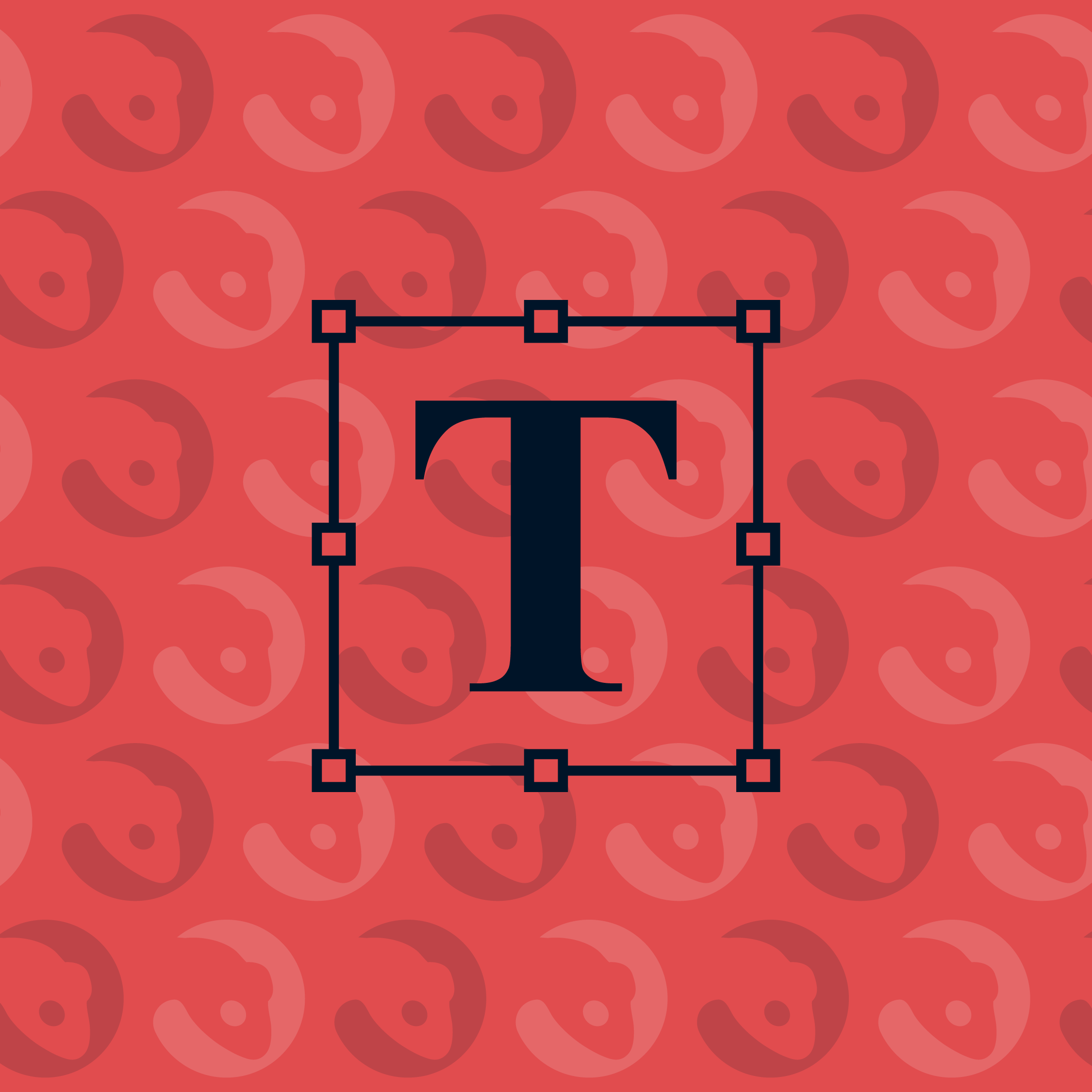 A large letter 'T' in black, surrounded by a selection box with handles, set against a patterned red background with repeating stylized peach icons.