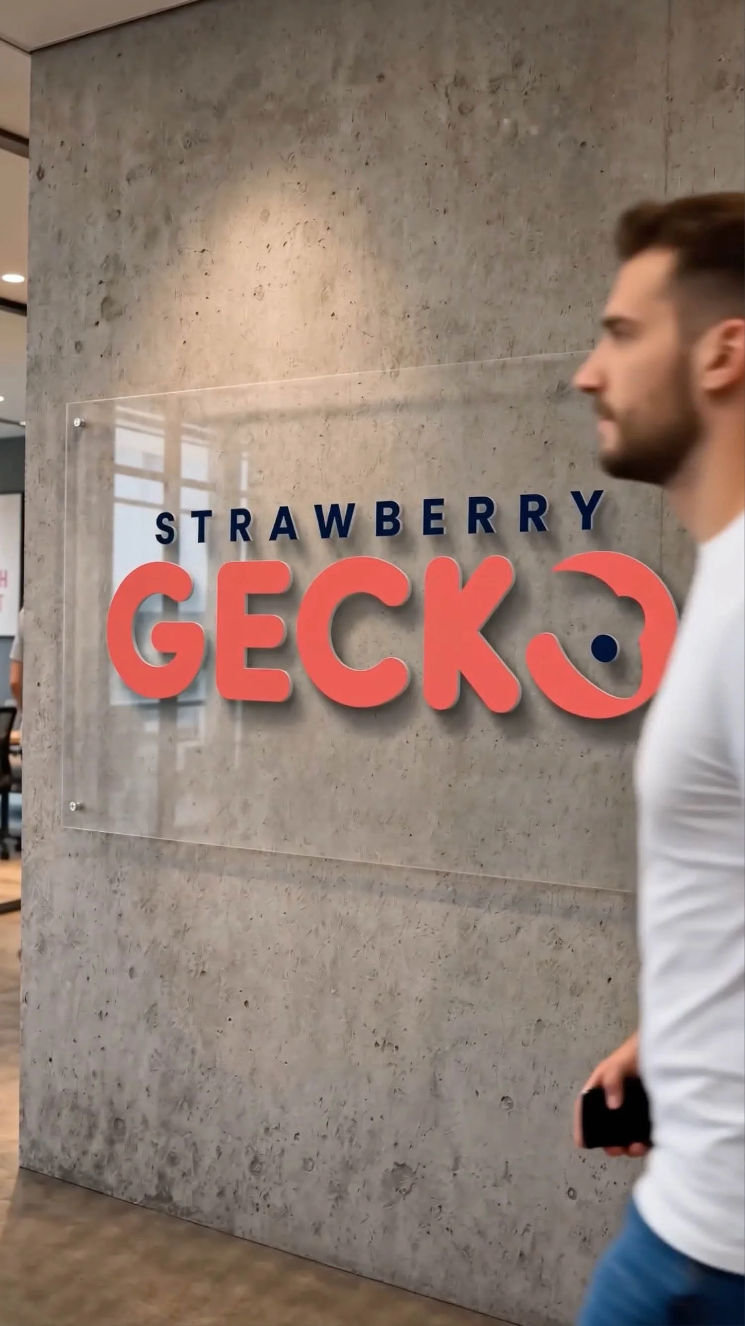 Sign on a gray concrete wall displaying "STRAWBERRY GEEK" in large, colorful letters, part of a scene at an indoor location with a person walking past.