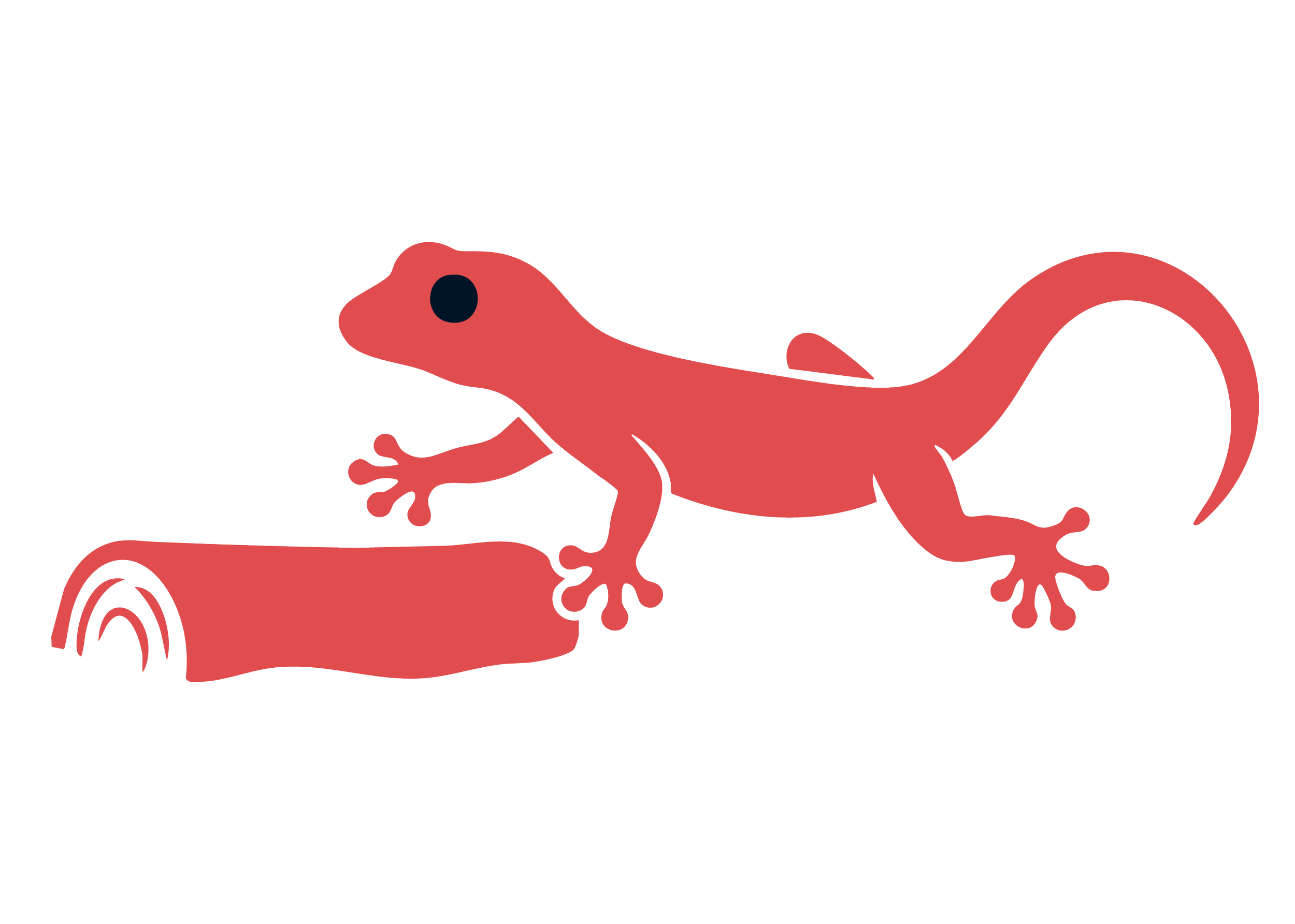 A cartoon red salamander with black eyes moving across a black background with rocks and water splashes