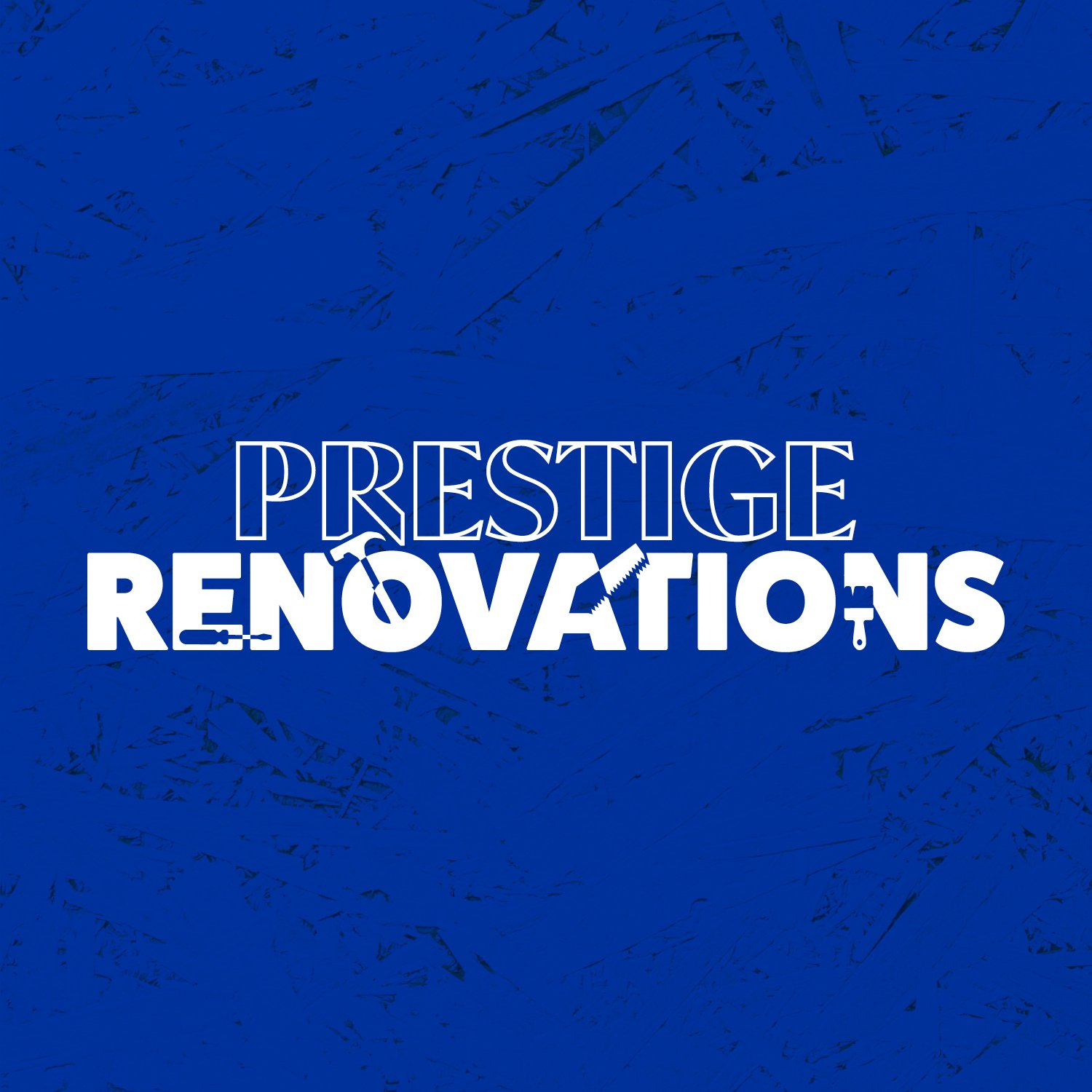 A blue background with the text 'Prestige Renovations' in white, with icons of a hammer, saw, and screwdriver integrated within the text.