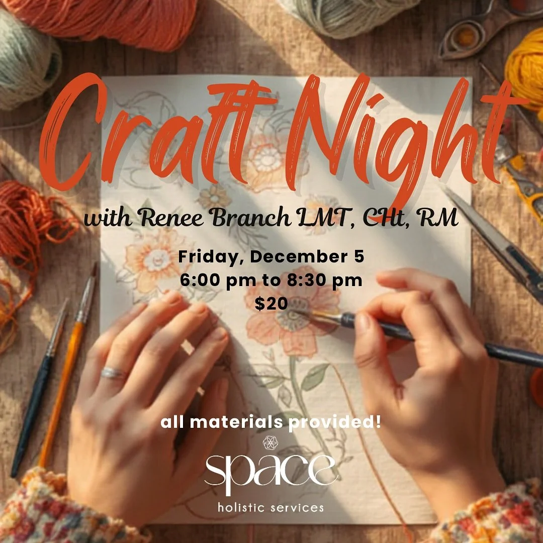 Craft Night 🎨
This Friday, December 5
6:00&ndash;8:30 PM
$20

Guided by Renee Branch, LMT &middot; CHt &middot; RM, this cozy gathering invites you to slow down and reconnect with your hands. All materials are provided, simply bring yourself and you