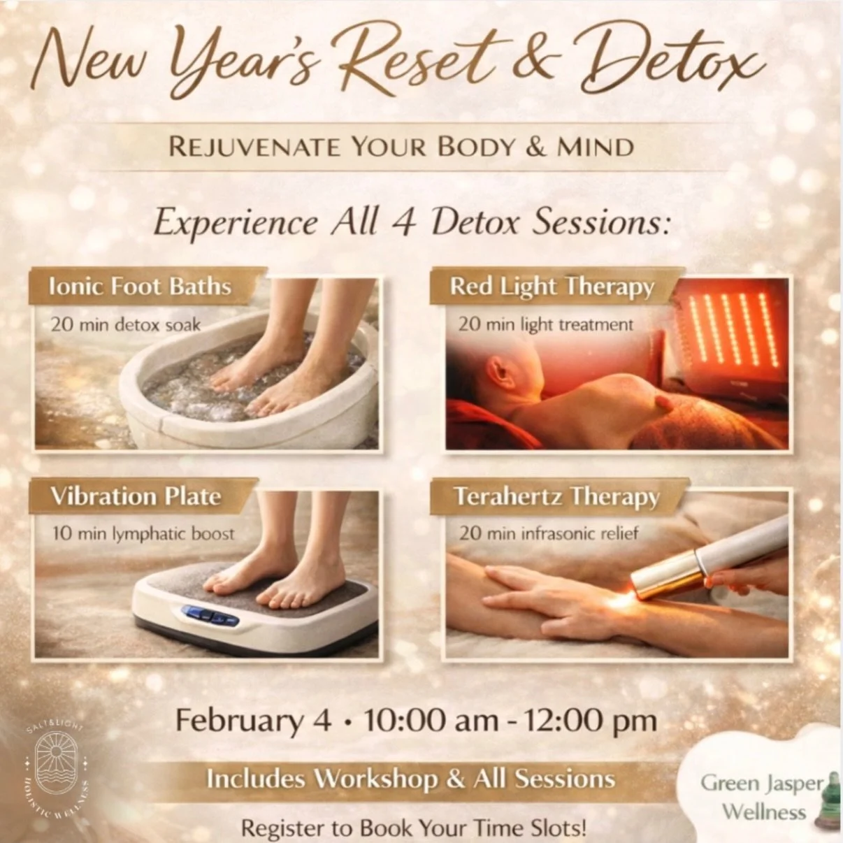 Detox. Restore. Feel the Shift.

Upcoming Sessions:
February 4 | 10:00 AM&ndash;12:00 PM
February 14 | 12:00&ndash;2:00 PM

This hands-on detox experience introduces powerful wellness technologies that support circulation, lymphatic movement, and cel