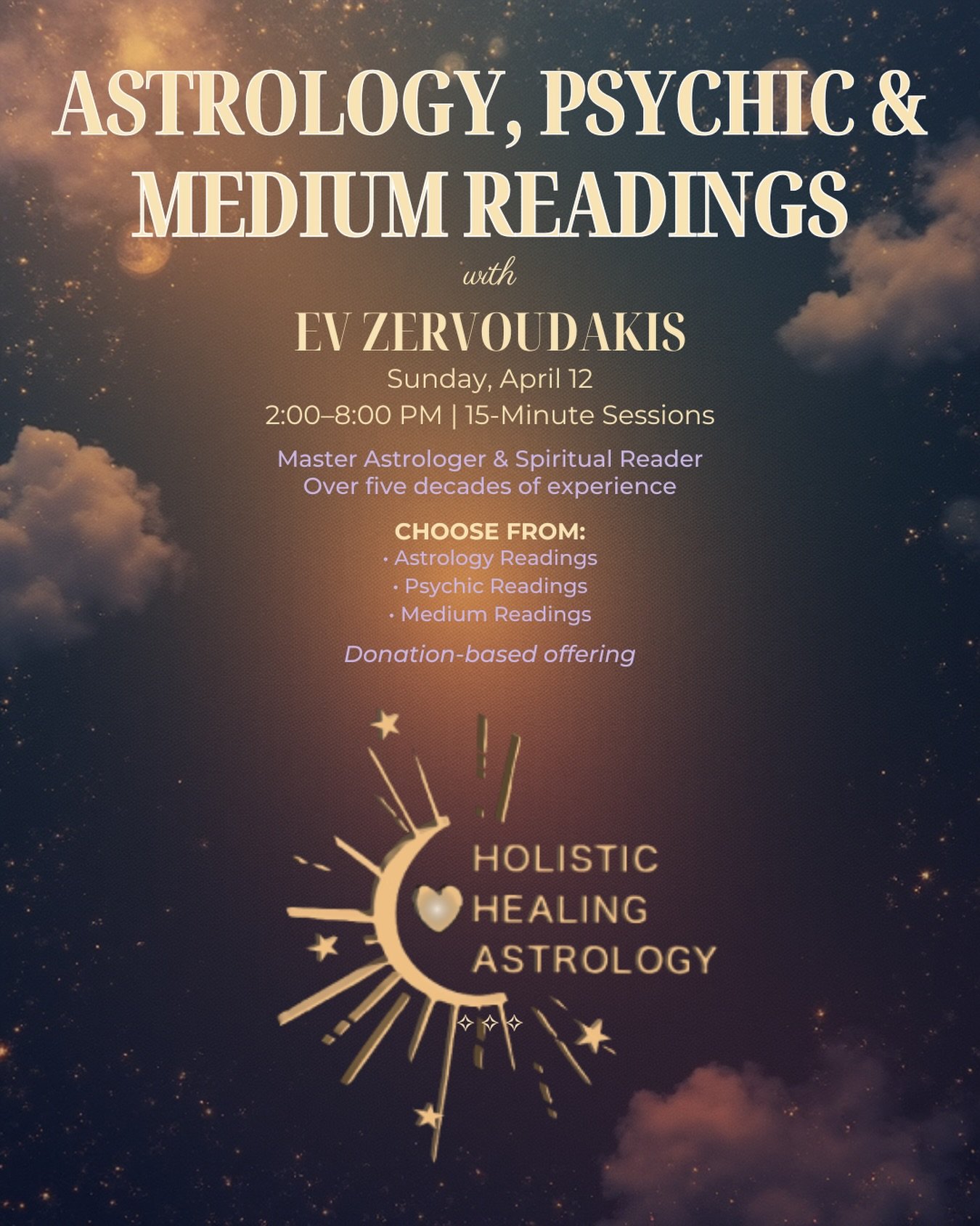 🌙 Astrology, Psychic &amp; Medium Readings with Ev Zervoudakis 

Join master astrologer and spiritual reader Ev Zervoudakis of Holistic Healing Astrology @holistichealingastrology for an afternoon of personal, intuitive readings. With over five deca