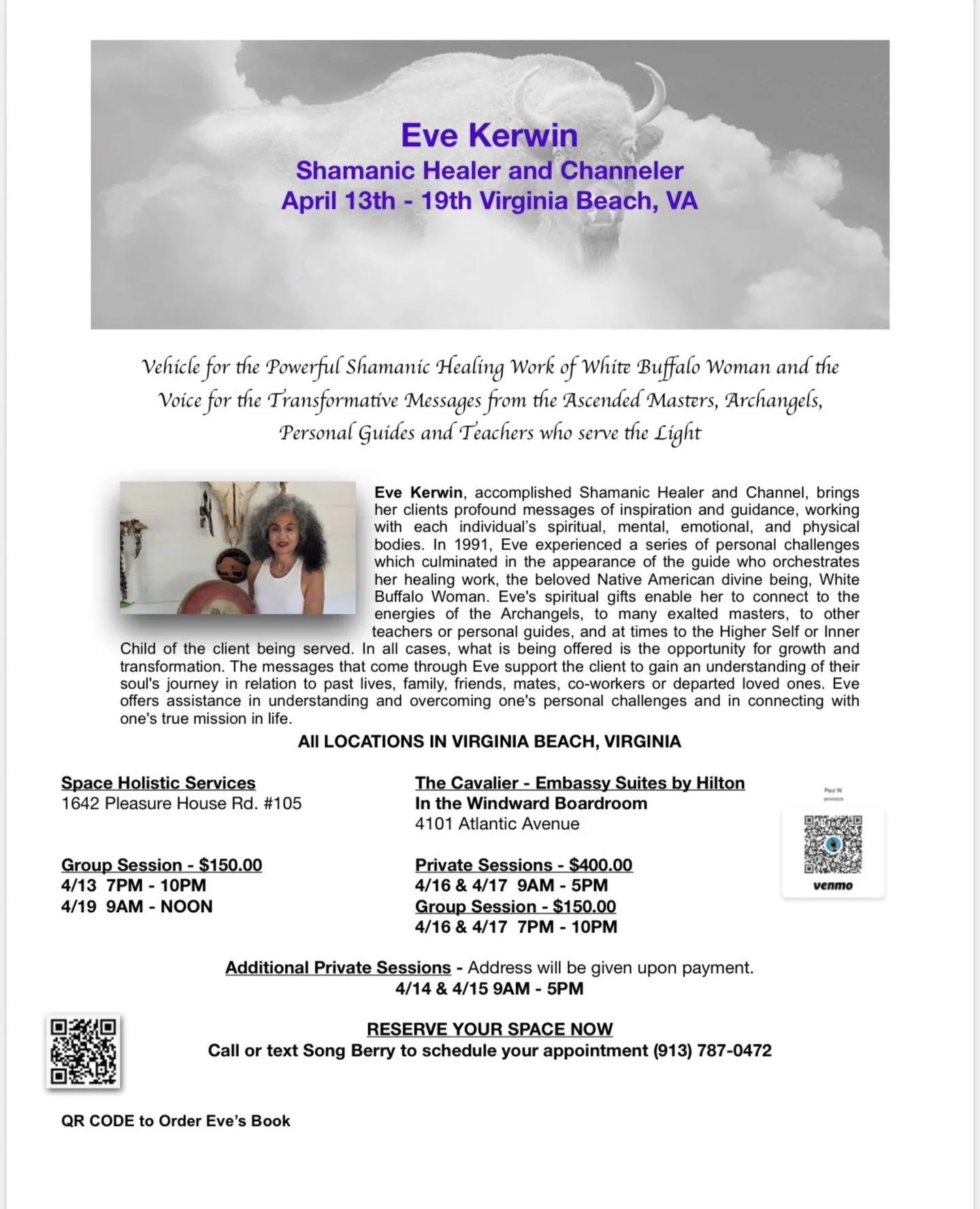 Eve Kerwin, Shamanic Healer and Channel, is coming to Virginia Beach April 13&ndash;19 for a limited series of in-person sessions ✨

For one week only, you have the opportunity to experience her work in person through both group experiences and priva