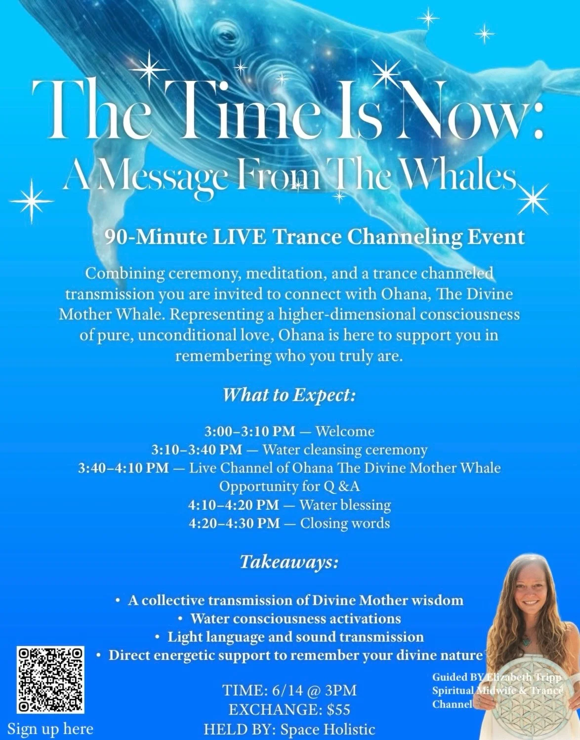 🐋 A Message From the Whales 🌊 
90-Minute Trance Channeling Event with Elizabeth Tripp

This June, step into an immersive evening of frequency, sound, and remembrance as Virginia Beach spiritual midwife and trance channeler Elizabeth Tripp connects 