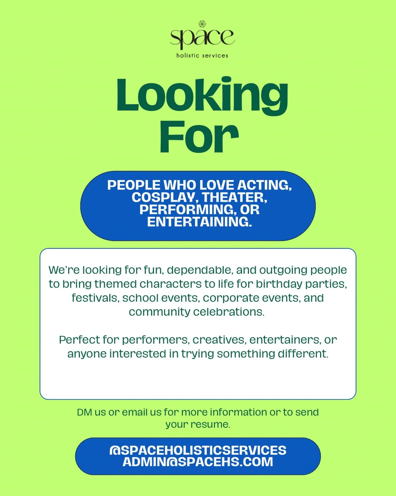Do you love acting, cosplay, theater, performing, or entertaining? 🎭

We&rsquo;re looking for fun, dependable, and outgoing people to bring themed characters to life at birthday parties, festivals, school events, corporate gatherings, and community 