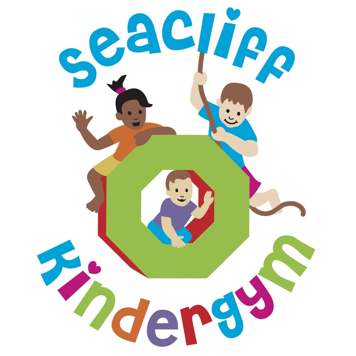 Seacliff KinderGym logo, 3 children playing on play equipment and a rope. One child is waving.