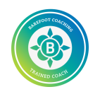 Logo for Barefoot Coaching featuring a green and blue circular design with a stylized flower and a 'B' in the center.