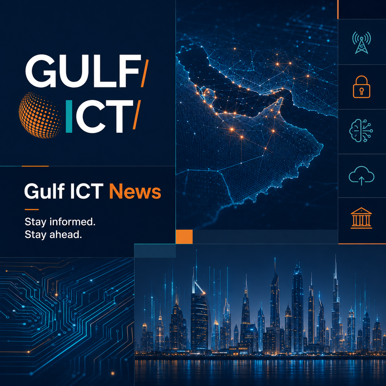 Graphic design for Gulf ICT News featuring a digital map of the Middle East, a city skyline at night with illuminated skyscrapers, and icons representing communications, security, cloud computing, and government.