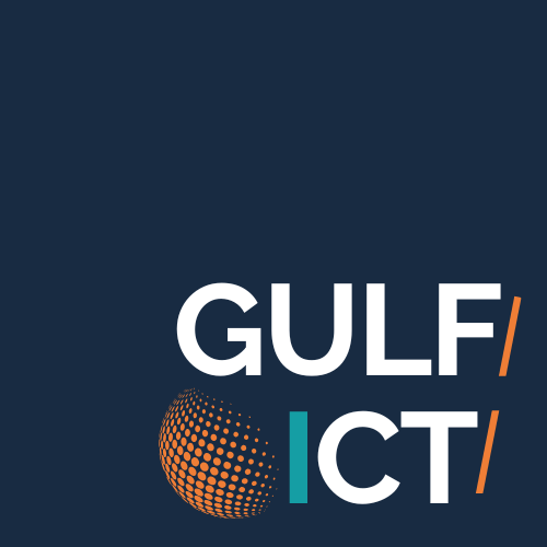 Gulf ICT logo with stylized globe design on a dark background.